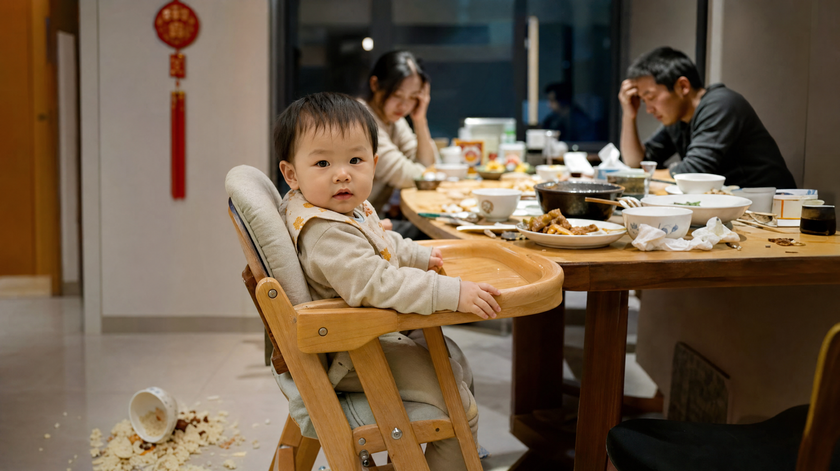 A realistic photography of a messy dining table in a modern Chinese family, a cute 2-year-old Chinese toddler sitting in a high chair looking innocently, a bowl of food spilled on the floor, parents looking stressed, warm indoor lighting, high resolution, cinematic lighting, Midjourney style --ar 3:4