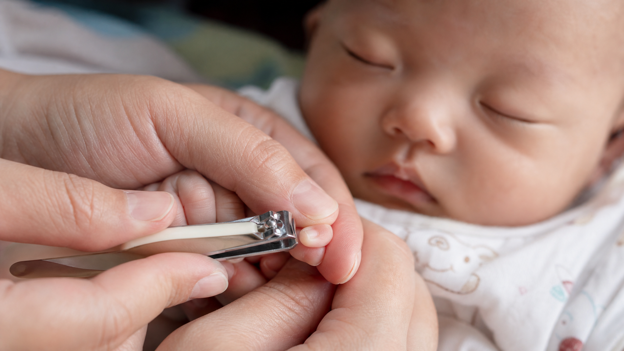 Extreme close-up of adult Chinese hands gently pressing down the soft fingertip pad of a sleeping Chinese baby to expose the nail edge. Holding baby nail clippers parallel to the nail for a straight cut. Soft clinical lighting, macro photography, high detail, low saturation colors.