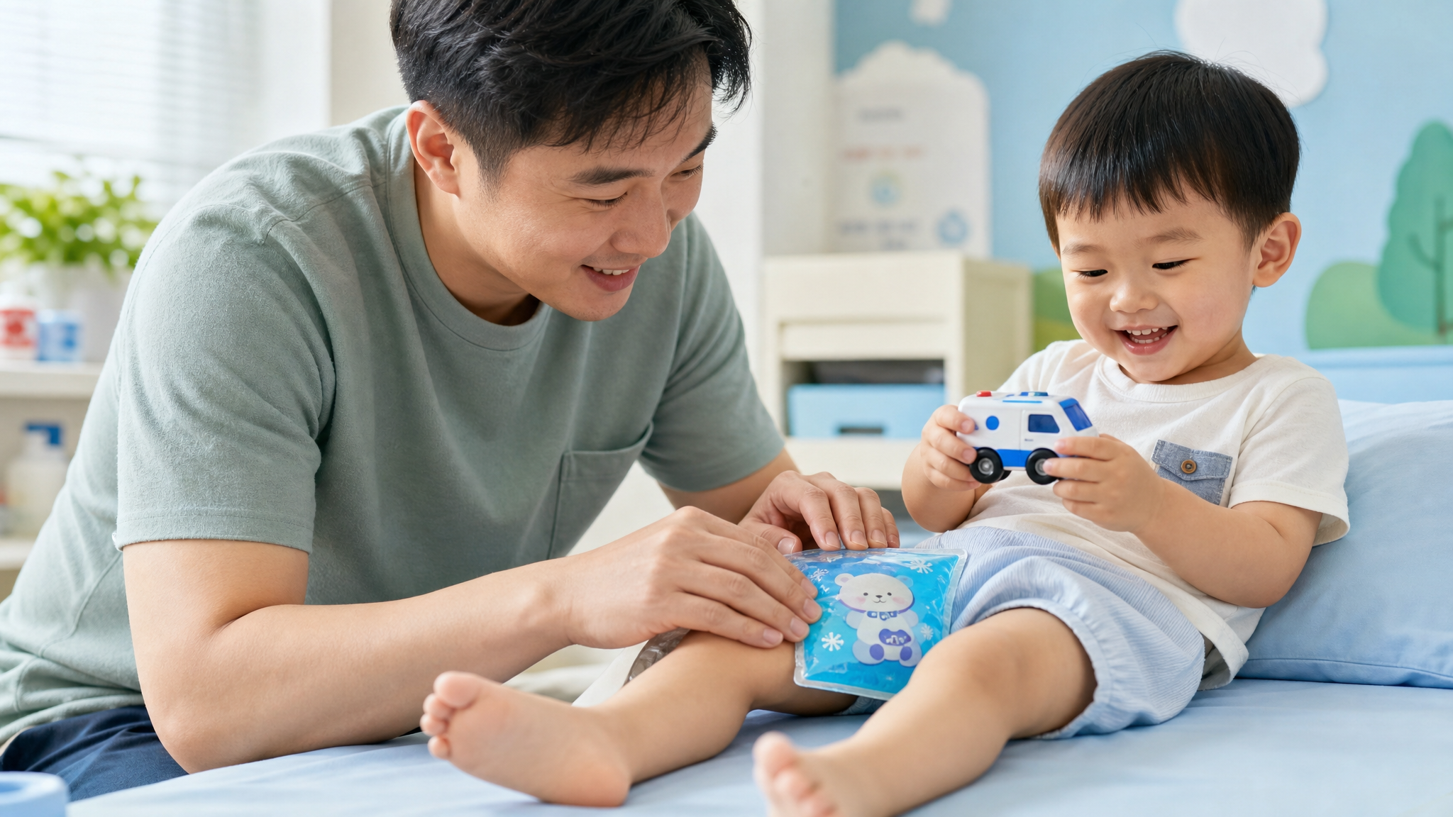 A close-up, bright and reassuring photo of a gentle Chinese father applying a cute child-friendly cold compress pack to his toddler's thigh. The toddler is smiling happily, playing with a toy. Medical-safe environment, soft natural daylight, pastel blue and green color palette to reduce anxiety, highly detailed, 4k resolution. --ar 3:4 --v 6.0