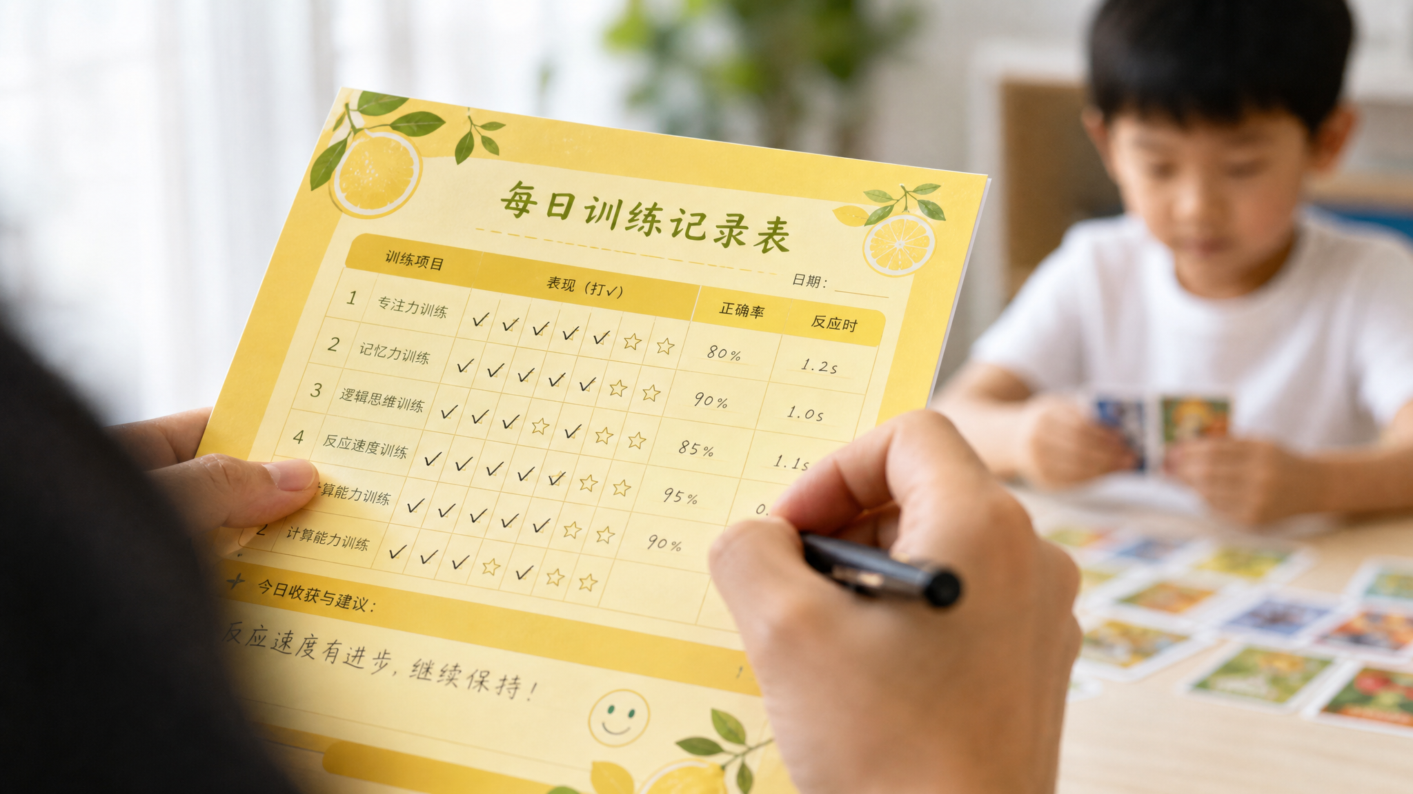 特写镜头,一双年轻中国爸爸的手正在一张设计精美的柠檬黄色记录表上用笔打钩记录。表格上有“正确率”和“反应时”的字样。背景模糊,隐约能看到一个中国小男孩在玩卡片。明亮的自然光,色彩清新,高清晰度,微距摄影。