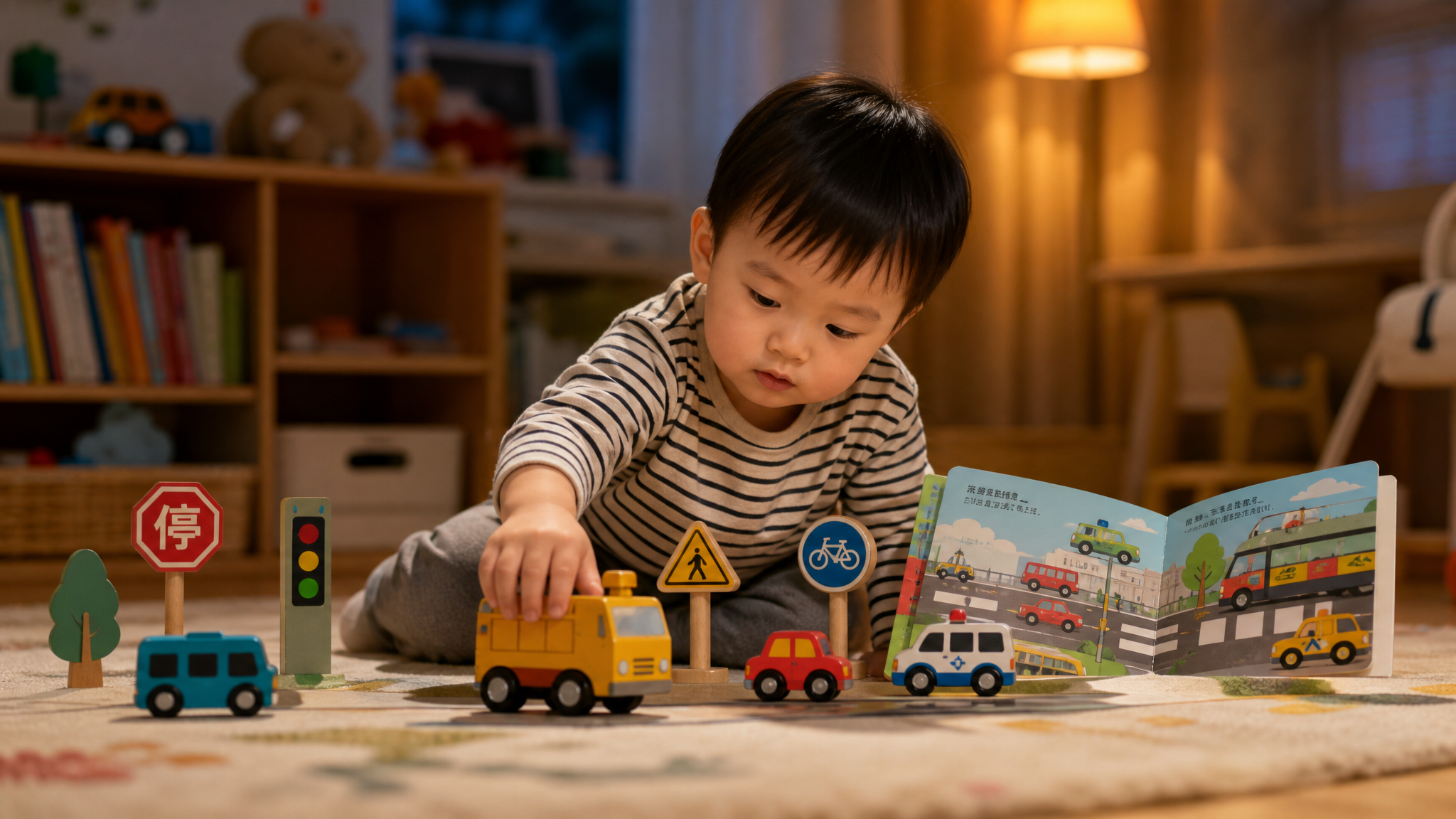 A cute Chinese toddler sitting on a cozy playroom rug, deeply focused on playing with a curated 'traffic theme' toy set (wooden cars, traffic signs) paired with a colorful picture book. Warm cinematic lighting, shallow depth of field, highly detailed, 8k, photorealistic.