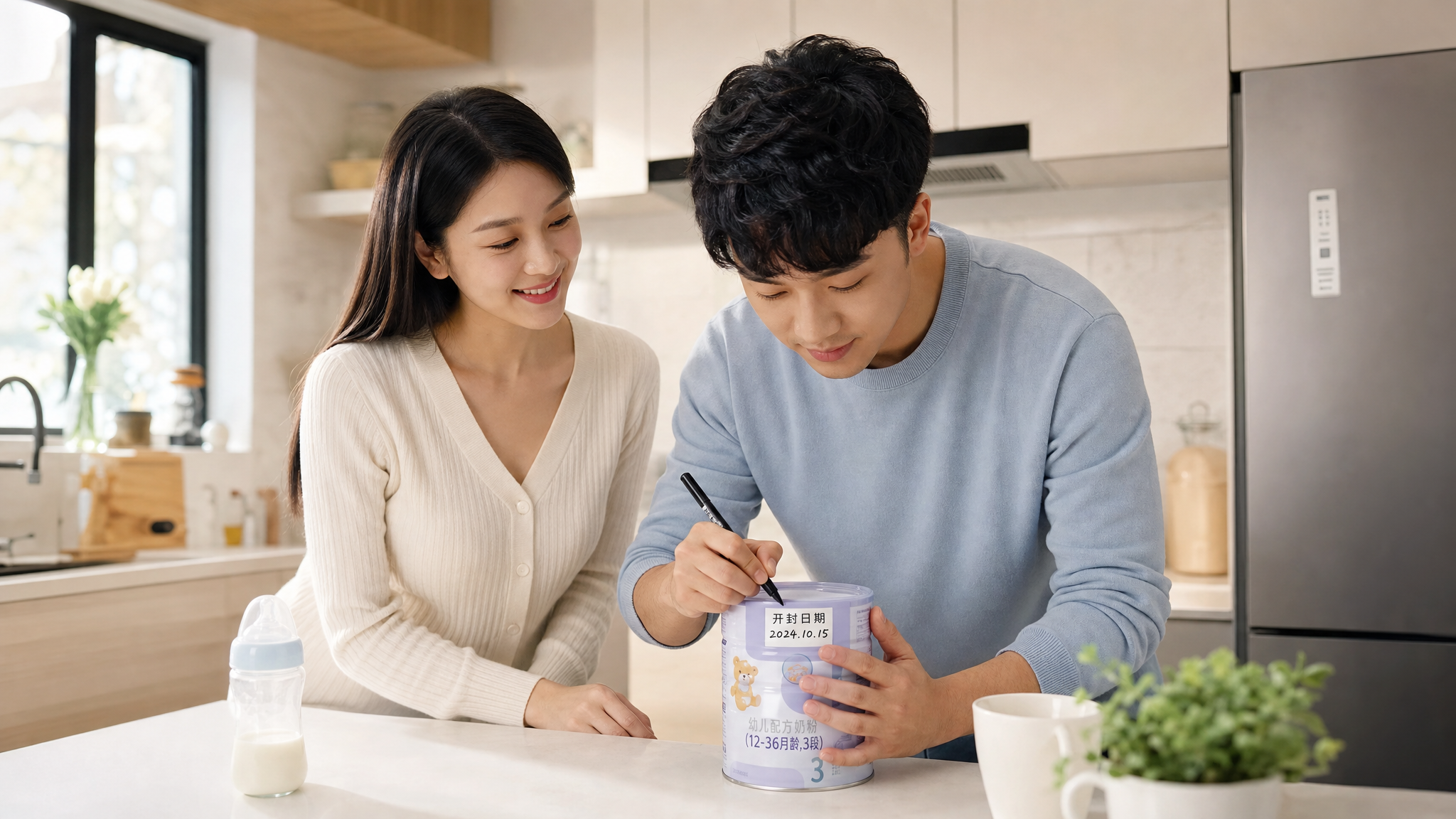 A warm, reassuring image of a Chinese young couple in a modern kitchen. The father is carefully writing a date label to put on a baby formula can, while the mother looks on with an approving smile. Bright, clean aesthetic, soft morning light, professional commercial photography, 8k, photorealistic.