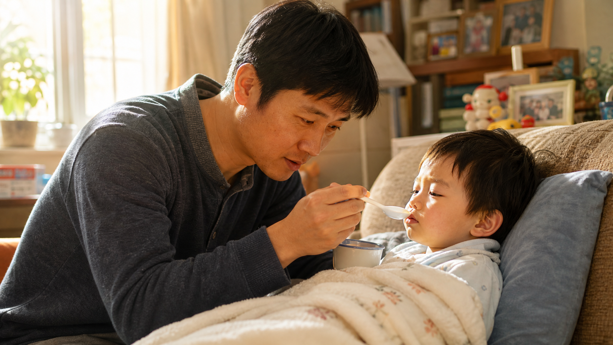 A caring Chinese father patiently feeding water to his sick toddler using a small spoon, cozy living room background, natural sunlight coming from the window, cinematic lighting, highly detailed, heartwarming atmosphere.
