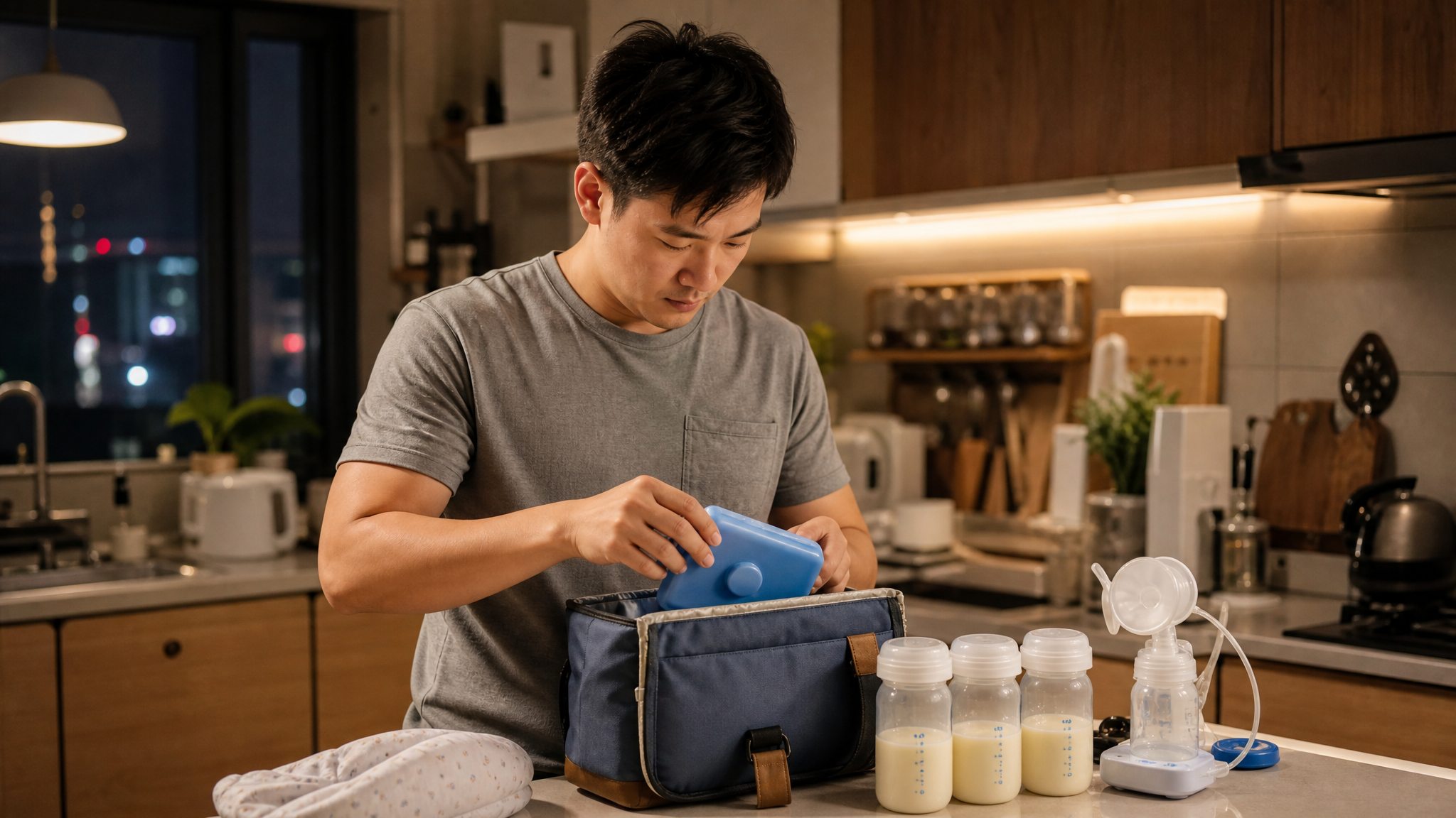 A warm cinematic shot of a young Chinese father carefully packing a breast milk cooler bag with blue ice packs in a modern cozy kitchen at night, focused expression, soft warm indoor lighting, highly detailed, 8k, photorealistic, Midjourney style --ar 3:4