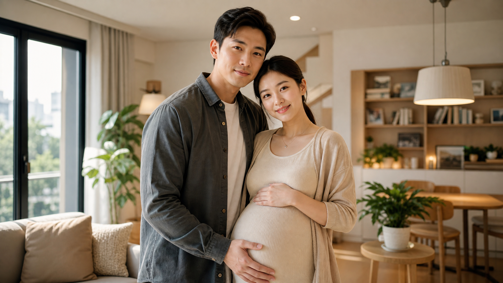 A heartwarming scene of a young Chinese husband standing protectively next to his pregnant wife, holding her hand gently. They are in a modern, bright home environment. The husband looks confident and supportive. Cinematic lighting, photorealistic, 8k, warm and comforting atmosphere.