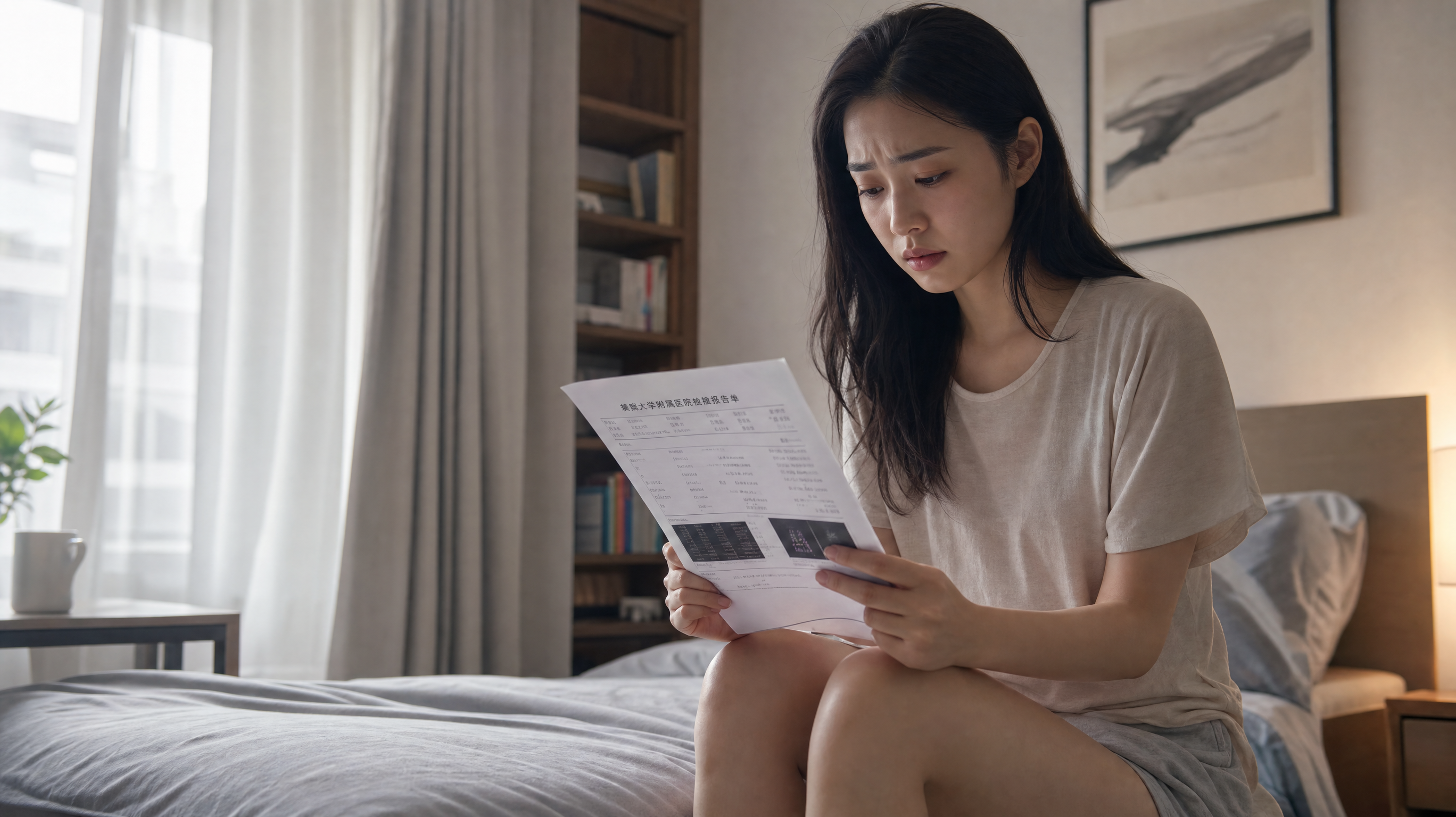 A young Chinese woman sitting on the edge of a bed in summer, looking anxious and holding a medical report. Soft natural light, warm and healing tones, cinematic lighting, ultra-detailed, 8k resolution, photorealistic, Midjourney style.