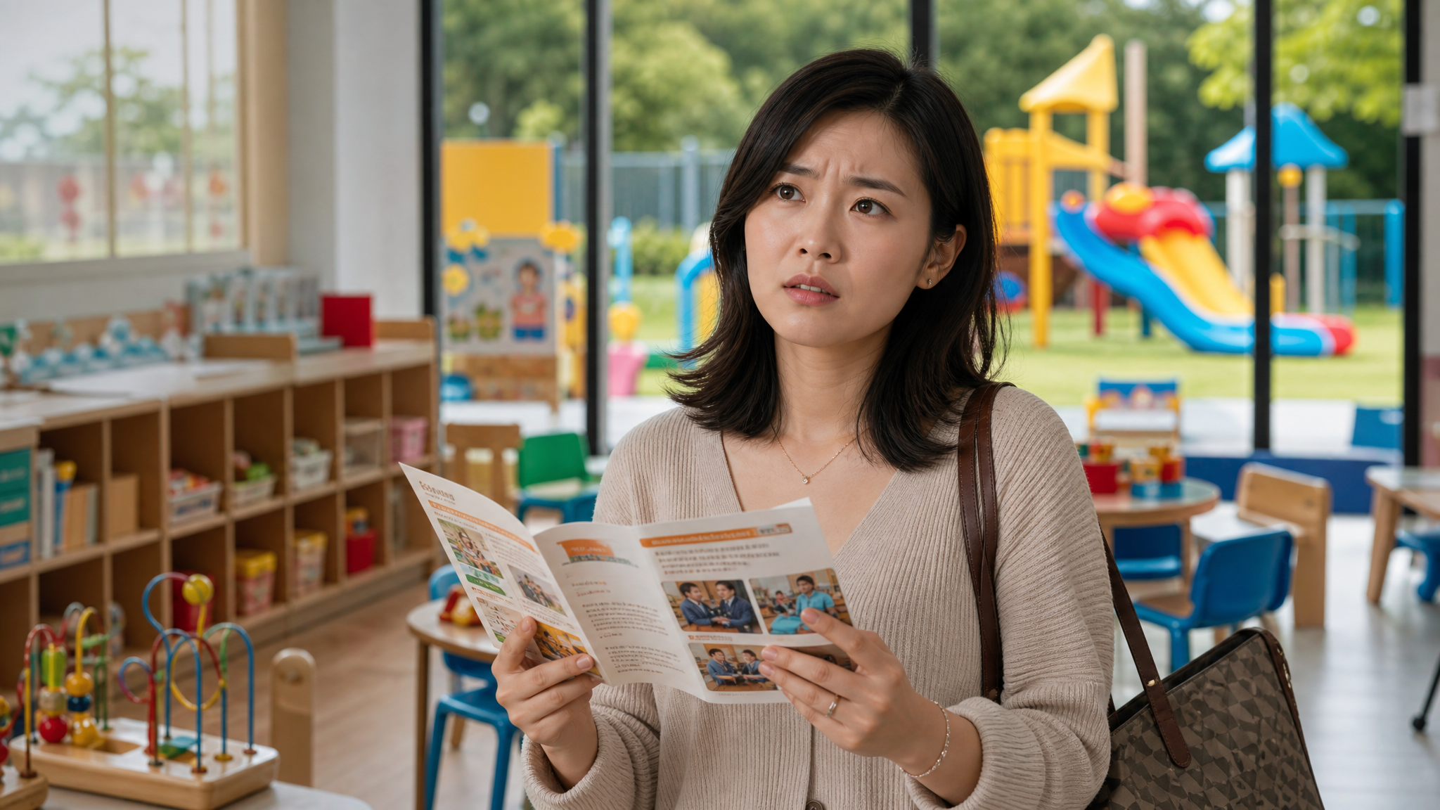 A high-quality photography of a young Chinese mother looking slightly confused and overwhelmed while holding a brochure in a modern, brightly lit kindergarten classroom. The background shows colorful educational toys and a large playground through the window. Cinematic lighting, realistic, 8k resolution, shot with an 85mm lens, soft focus background.