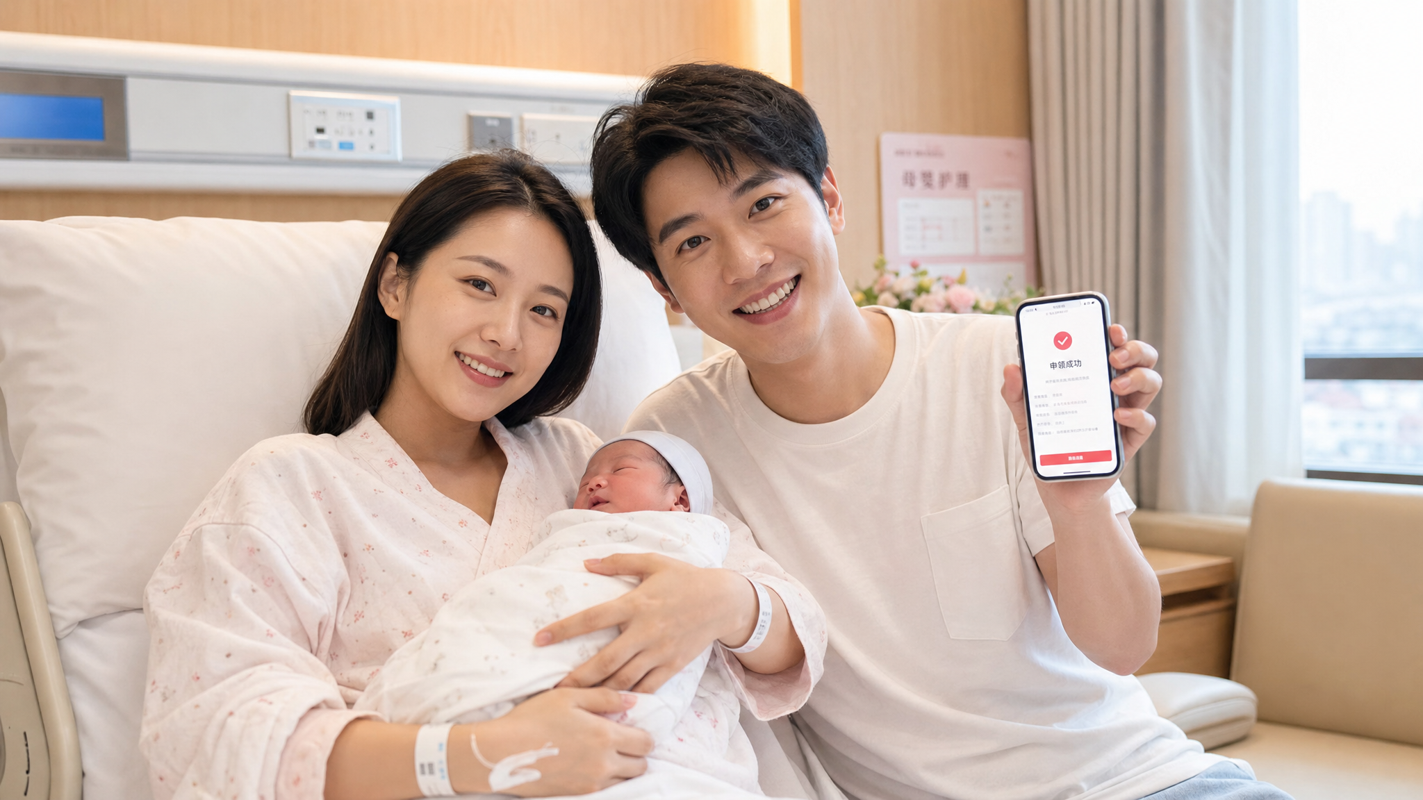A happy young Chinese couple in a modern hospital room, the mother holding a newborn baby, the father smiling and showing a successful screen on his smartphone. Warm and joyful atmosphere, soft hospital lighting, realistic, high resolution, DALL-E style.