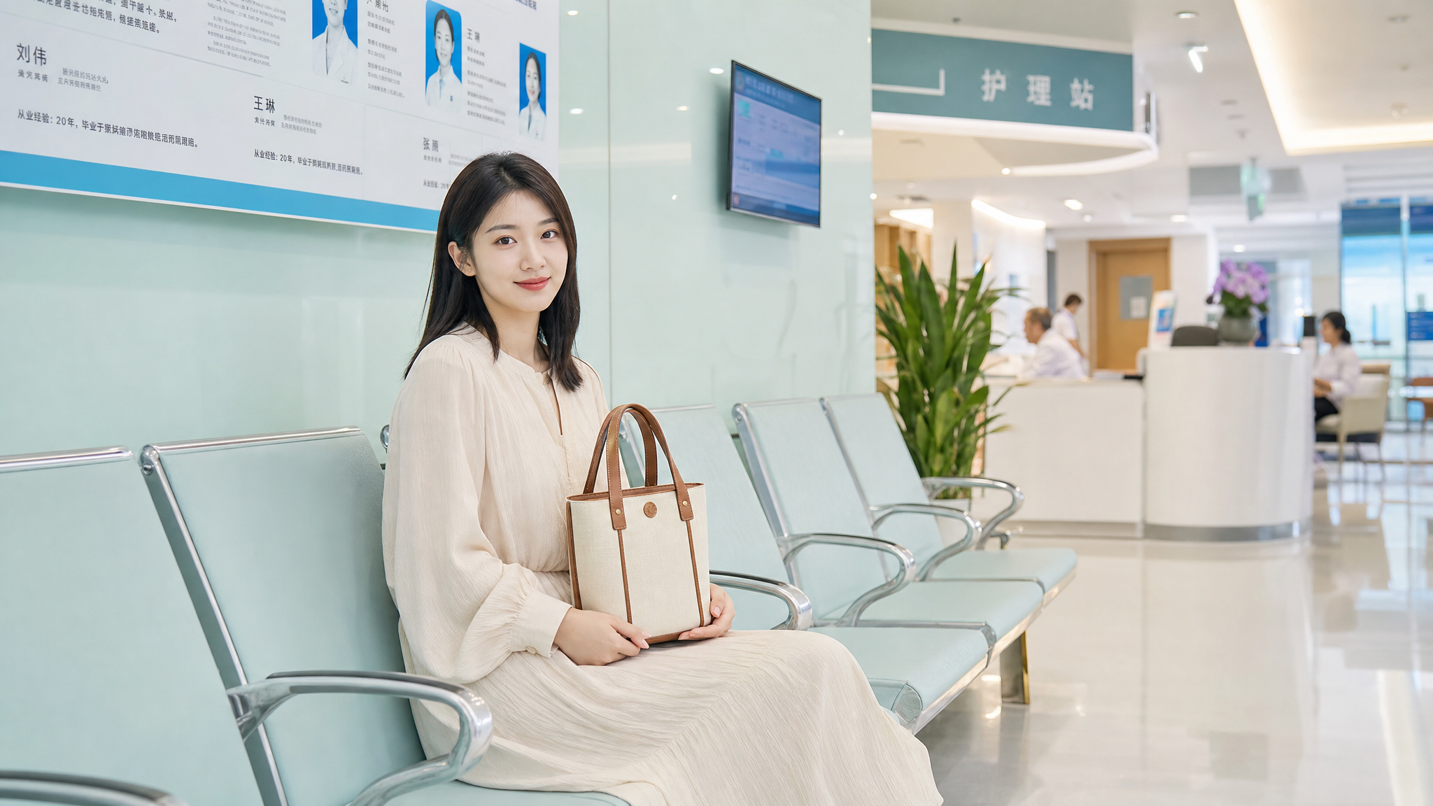 A young Chinese woman sitting in a bright, clean hospital waiting area, looking relaxed and prepared, holding a small stylish tote bag, soft natural lighting, pastel tones, photorealistic, 8k resolution, highly detailed.