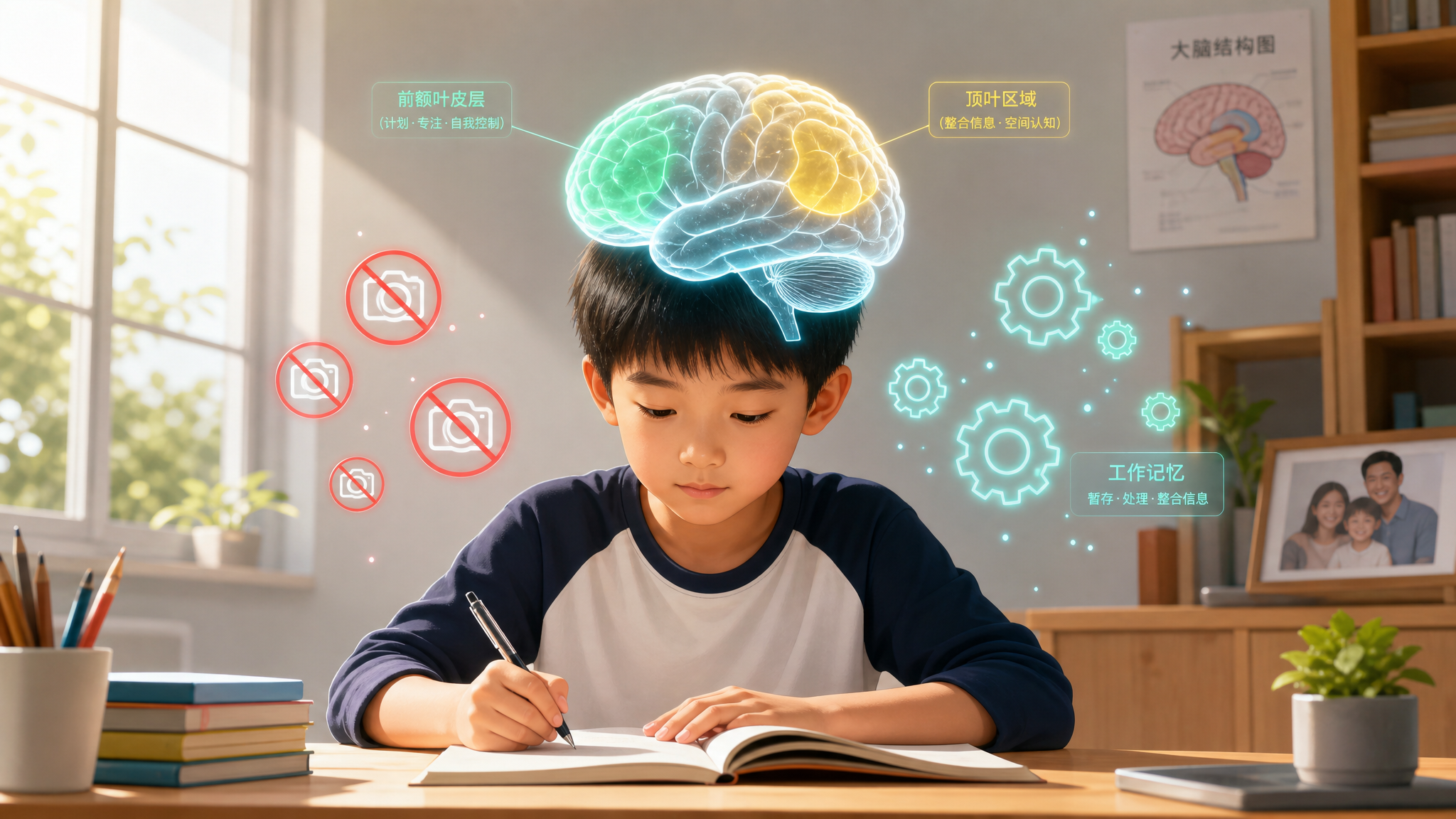 极简插画风格,一个中国小男孩坐在书桌前,头部上方呈现发光的半透明大脑全息图,前额叶和顶叶区域用薄荷绿和柠檬黄高亮显示。周围漂浮着被打叉的“照相相机”图标和发光的“齿轮”图标代表工作记忆。明亮的室内自然光,色彩对比鲜明,医疗科技感与温馨家庭氛围结合,8k分辨率,高质量。