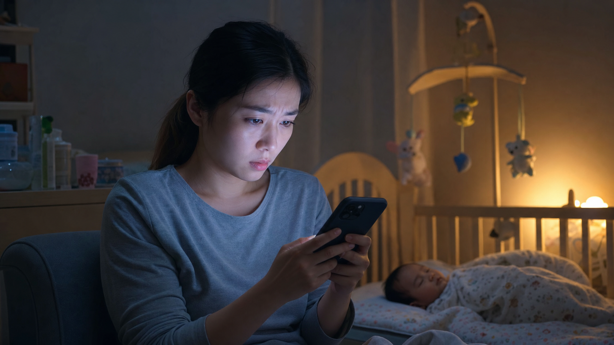 A young Chinese mother sitting in a dimly lit nursery room at night, holding a smartphone with a worried expression, a sleeping baby in a crib in the background, soft warm nightlight, realistic photography, cinematic lighting, high resolution, 8k --ar 3:4