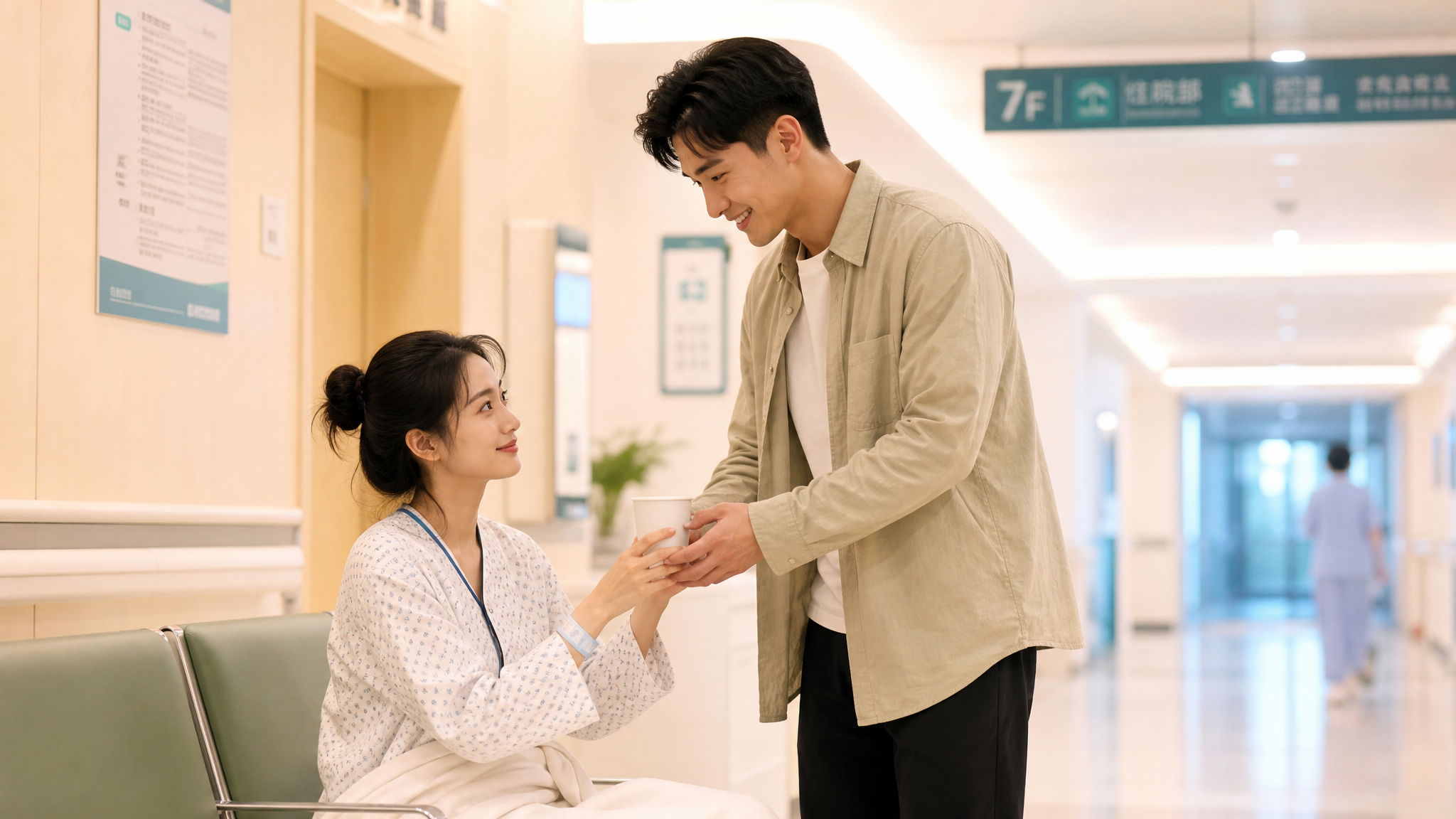 A caring young Chinese husband accompanying his wife in a modern hospital corridor, handing her a warm cup of water, gentle and supportive atmosphere, soft cinematic lighting, warm color palette, photorealistic, 8k.