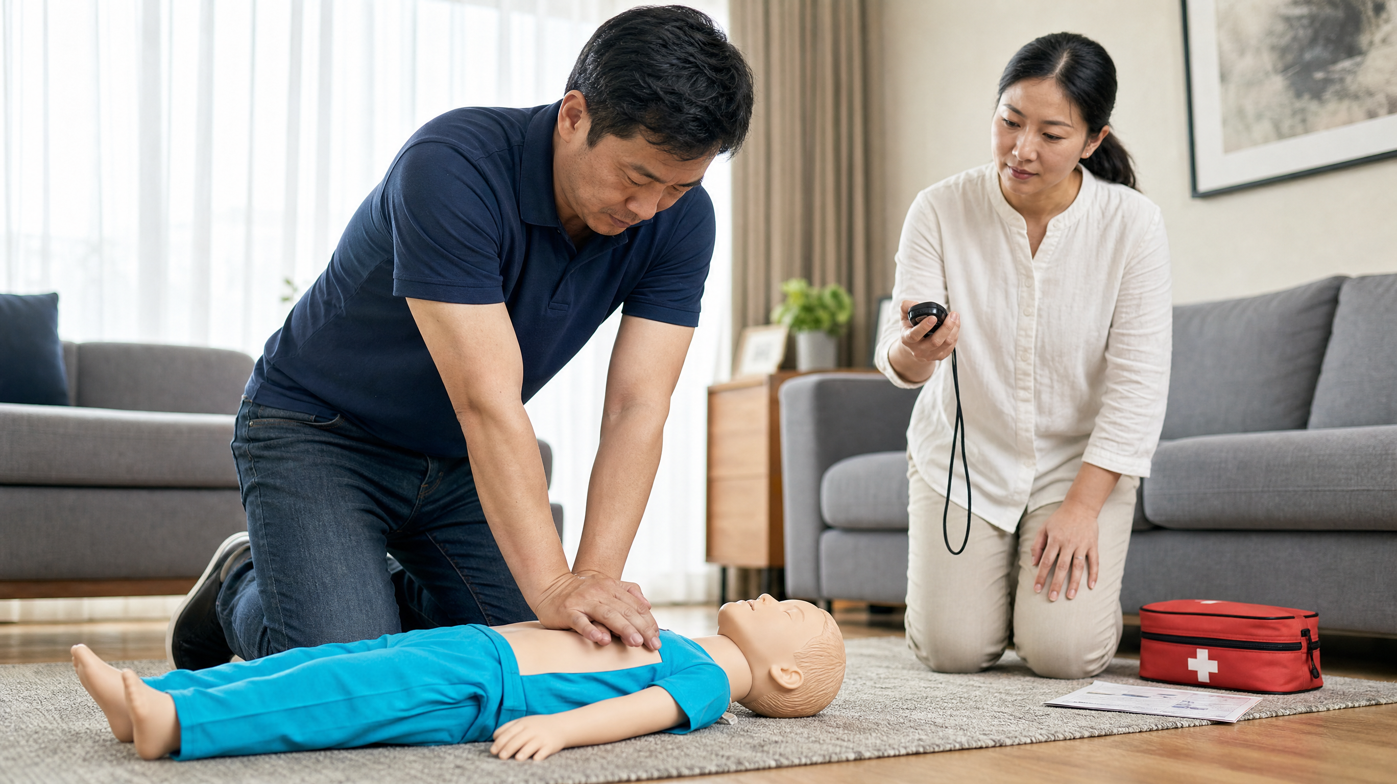 A professional and serious educational photo. A Chinese father is practicing CPR on a child-sized medical dummy in a bright living room, demonstrating chest compressions. The mother is watching carefully with a stopwatch. Clear lighting, high quality, realistic, safe and educational atmosphere, 8k.