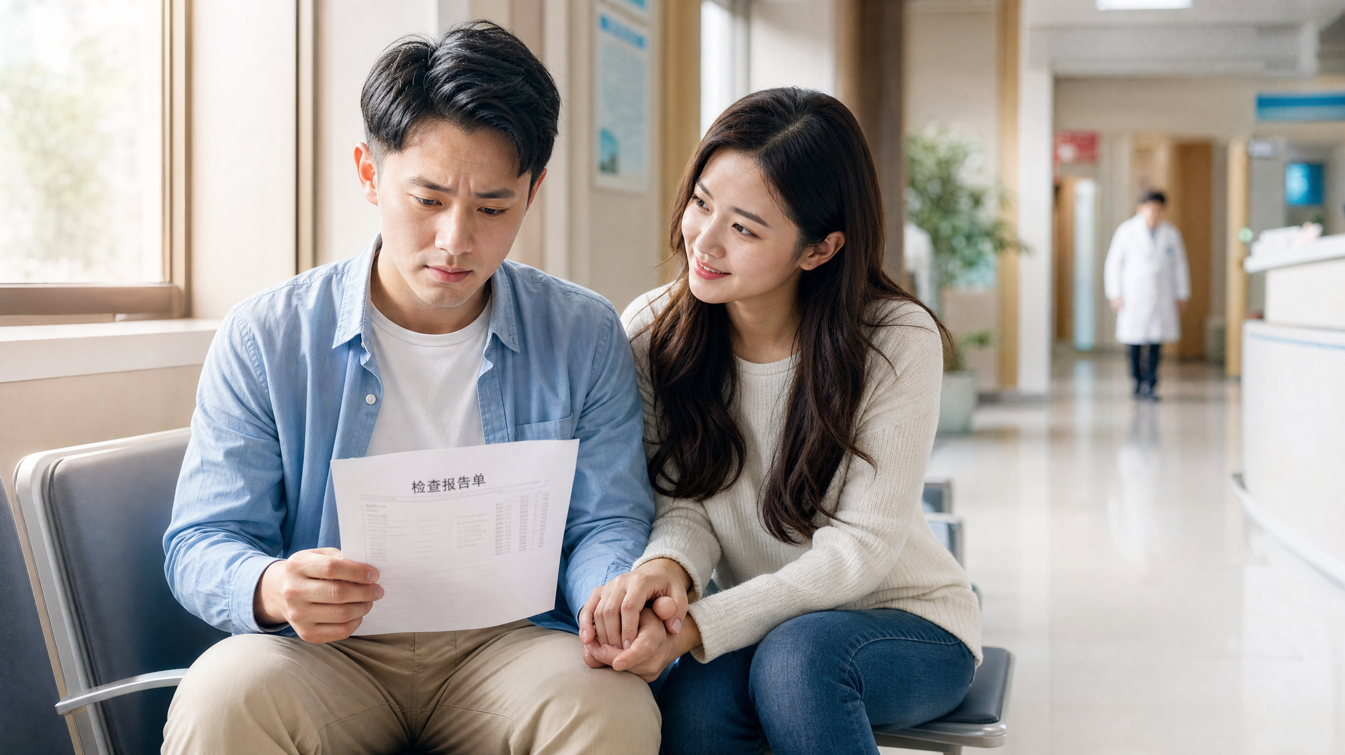A hyper-realistic photography of a young Chinese couple sitting in a bright, modern hospital waiting area. The husband looks slightly worried but resilient, holding a medical report, while the wife gently holds his hand with a supportive and encouraging smile. Soft, warm natural light filtering through a window, cinematic lighting, 8k resolution, highly detailed, emotional and hopeful atmosphere.