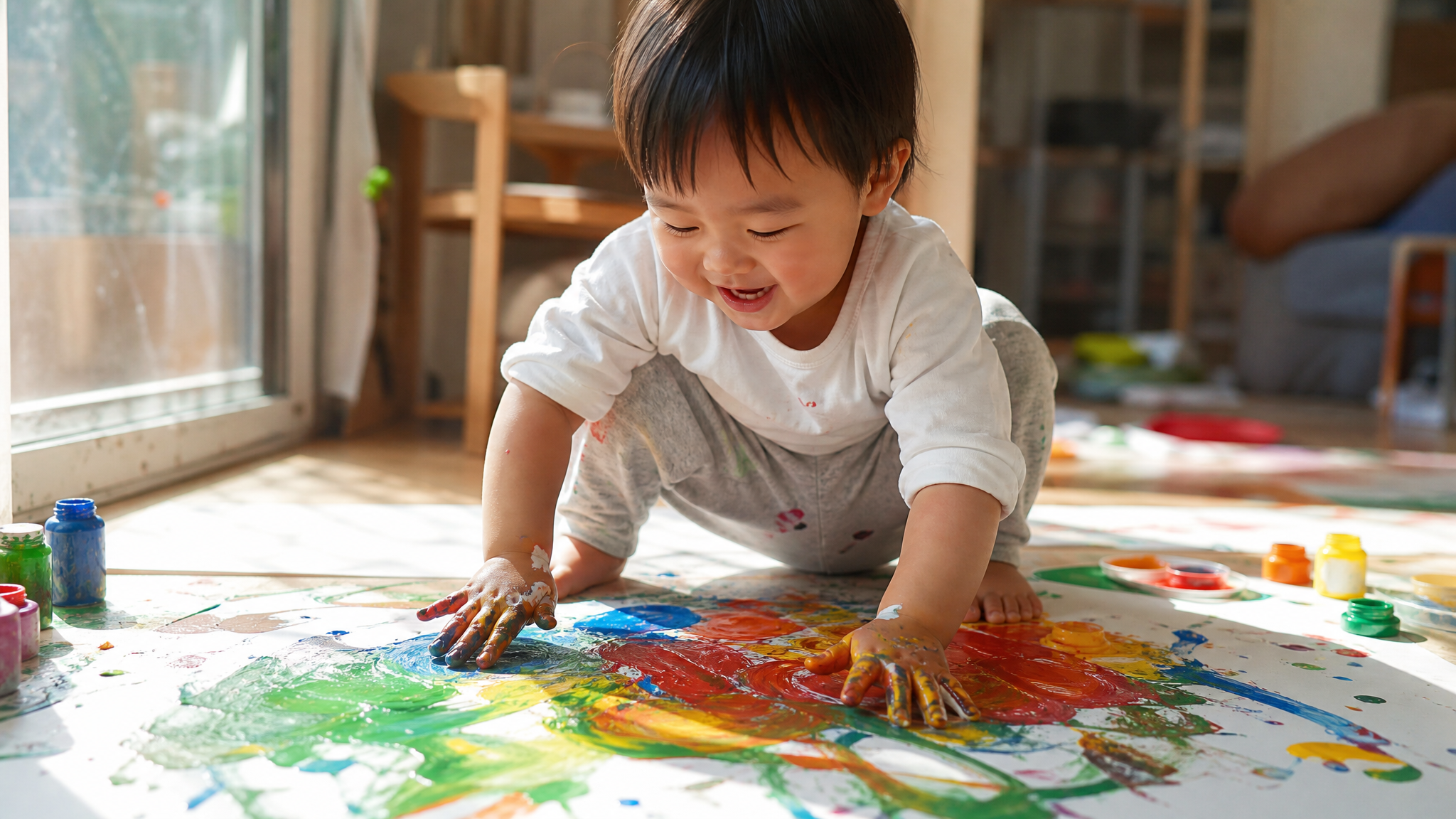 A 2-year-old cute Chinese toddler sitting on a large white paper on the floor, happily smudging colorful washable paints with little hands. Messy but joyful. Bright natural sunlight coming from the window, soft lighting, highly detailed, realistic photography, 8k resolution, capturing the child's focused and creative expression.