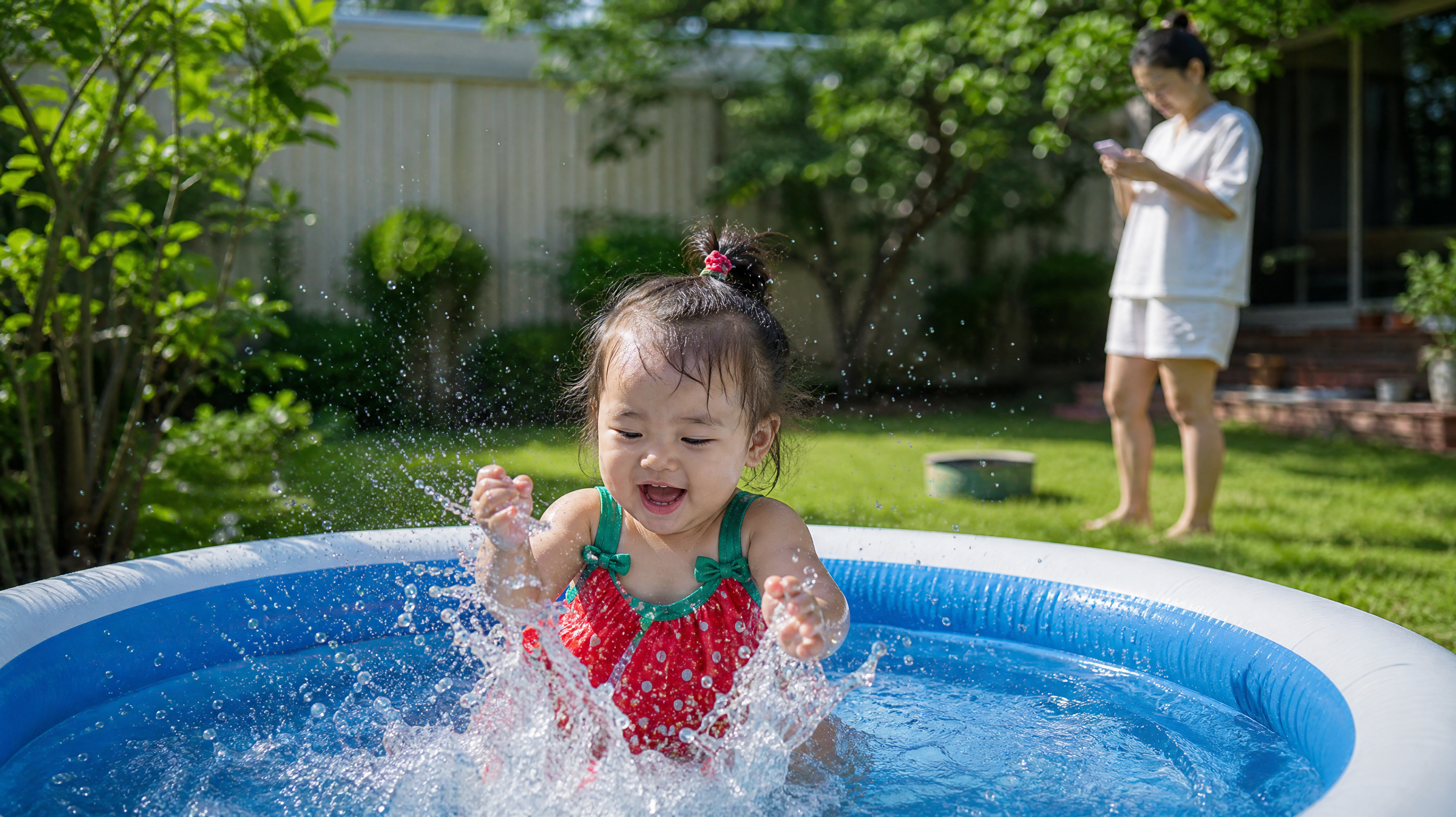 A hyper-realistic photography, a cute 2-year-old Chinese toddler playing water in a small inflatable pool in a sunny backyard. The mother is standing 2 meters away, looking at her smartphone, unaware of the child. Bright summer lighting, vivid colors, cinematic tension, 8k resolution, highly detailed.