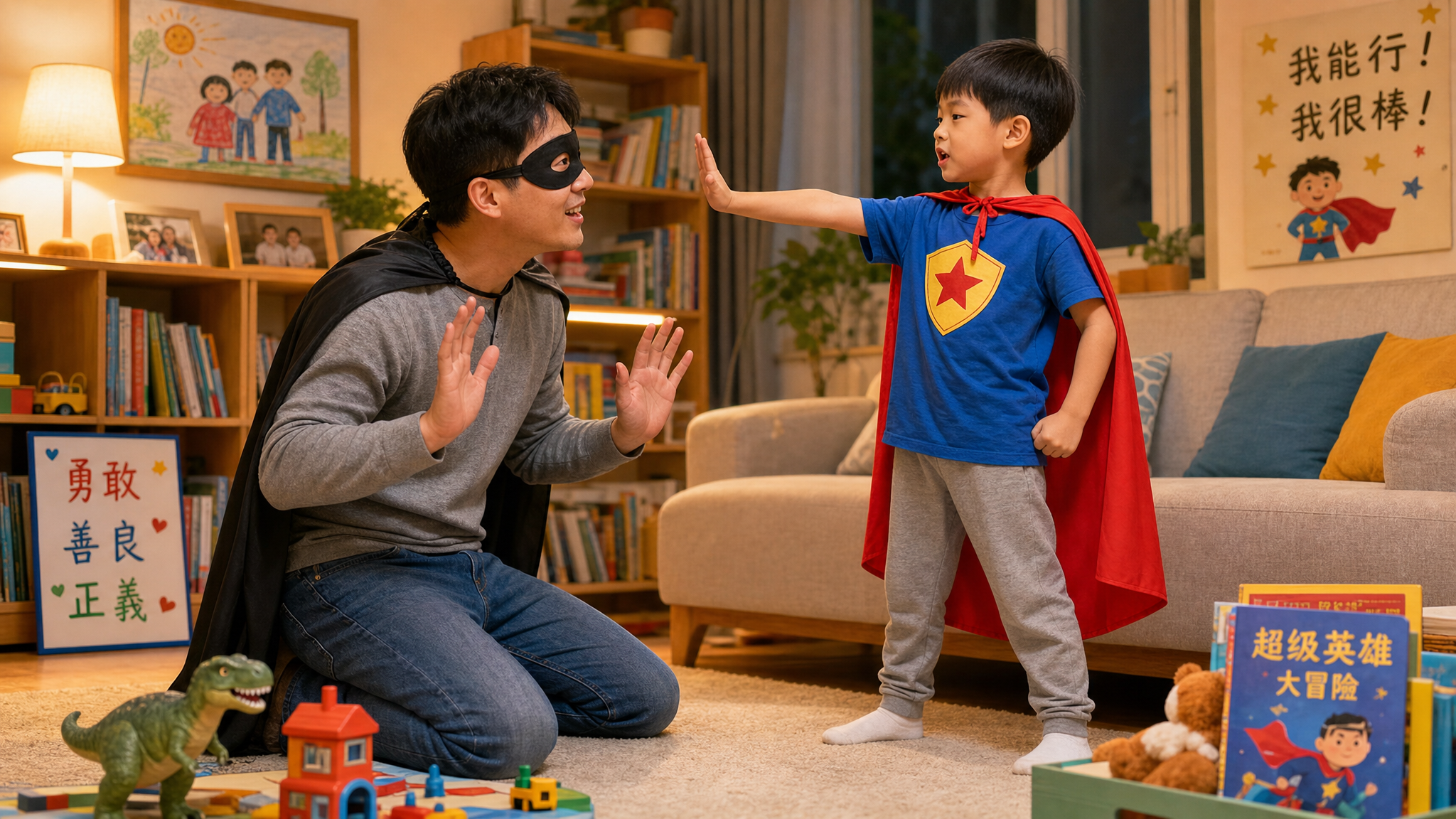 A gentle Chinese father kneeling on a cozy living room floor, doing a roleplay game with his 5-year-old Chinese son. The boy is standing straight, making a confident 
