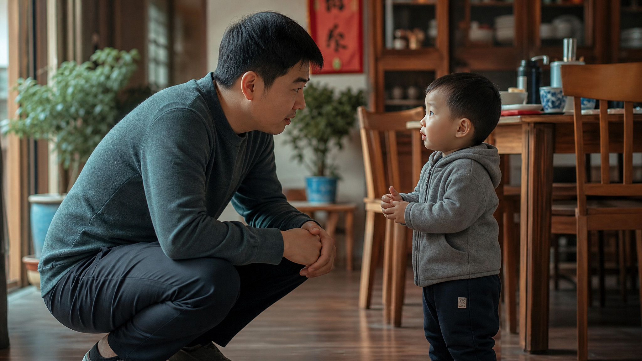 A gentle Chinese father squatting down to eye level communicating patiently with a 2-year-old Chinese toddler in a cozy dining room, soft warm lighting, loving atmosphere, highly detailed, photorealistic, 8k resolution, Midjourney style --ar 16:9