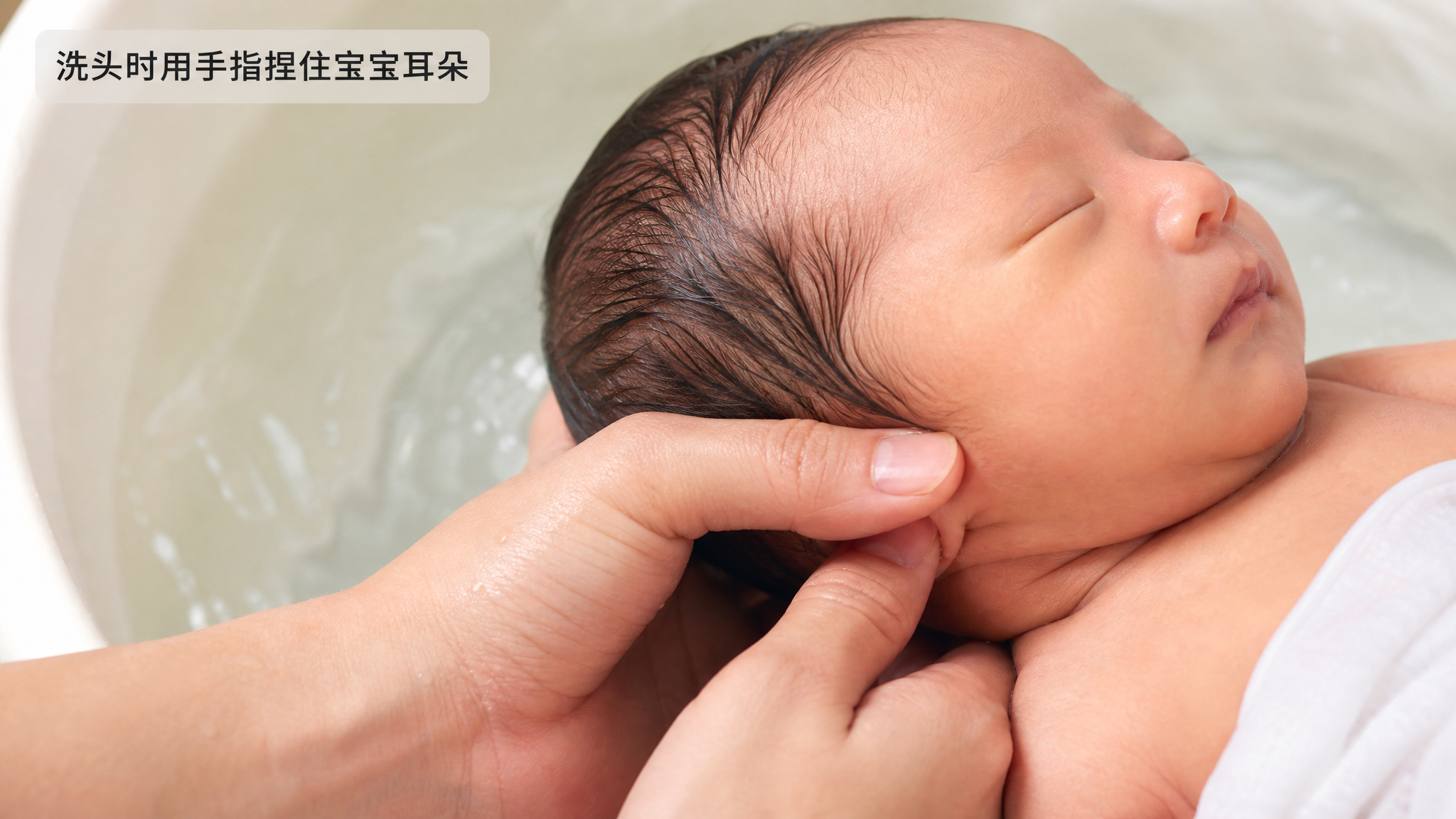Close-up shot of a Chinese parent's hand gently supporting a newborn baby's head and neck during a bath. The thumb and middle finger are carefully folding the baby's earlobes forward to prevent water from entering, while the index finger supports the side of the neck. Soft, warm lighting, clear details, educational and professional style, realistic photography.