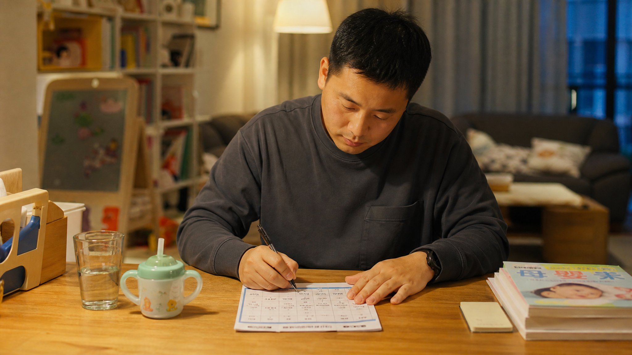 A Chinese father sitting at a desk, carefully filling out a chart, next to a glass of water and a children's straw cup. Warm atmosphere, emphasizing the father's participation in childcare. Bright indoor lighting, high resolution, cinematic lighting, realistic photography. --ar 16:9