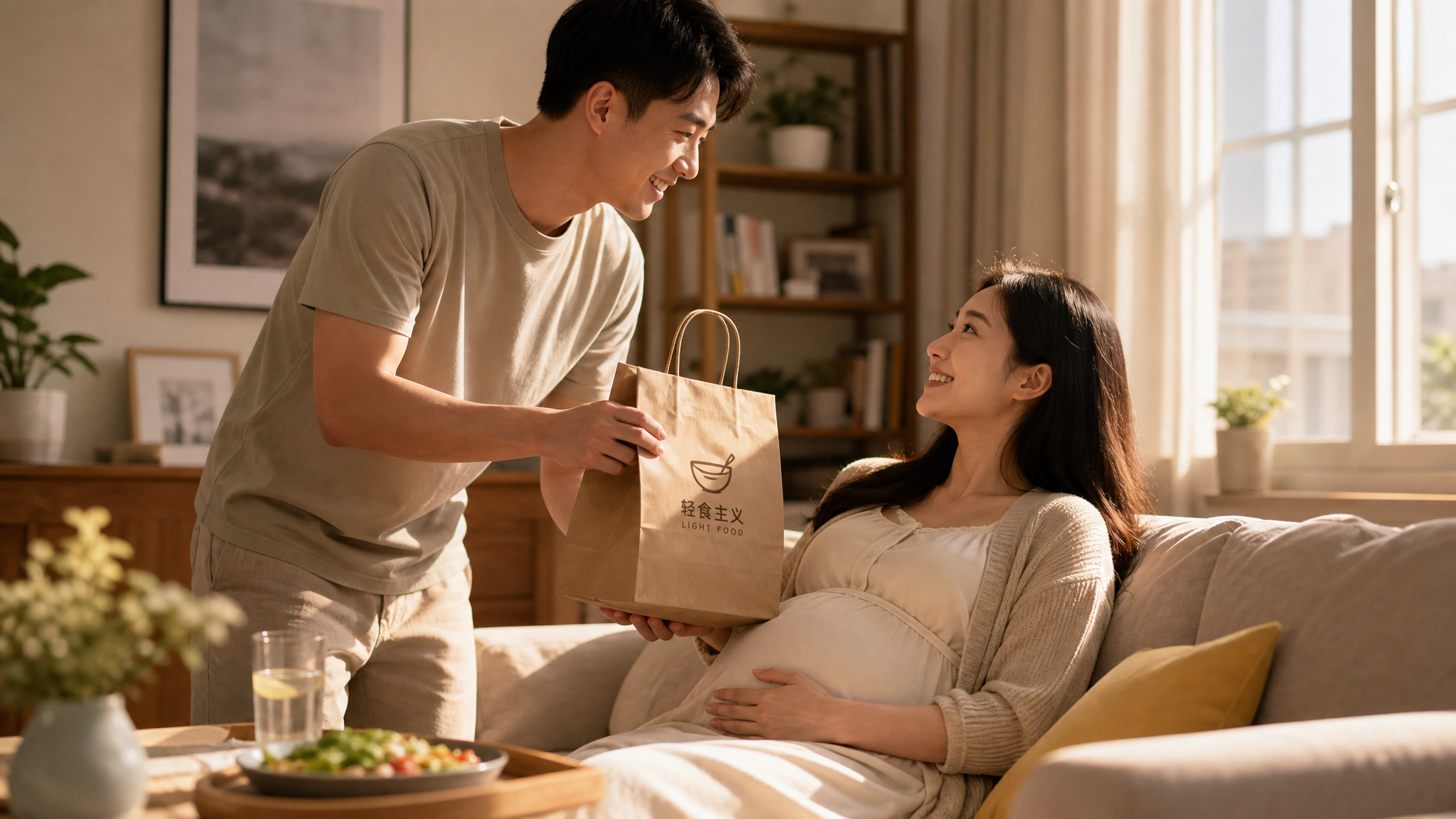 A loving young Chinese husband bringing a paper bag of light takeout food to his pregnant wife. The wife is smiling gently. Cozy home environment, warm sunlight coming through the window, healing beige tones, happy and supportive atmosphere, high quality, cinematic lighting. --ar 3:4