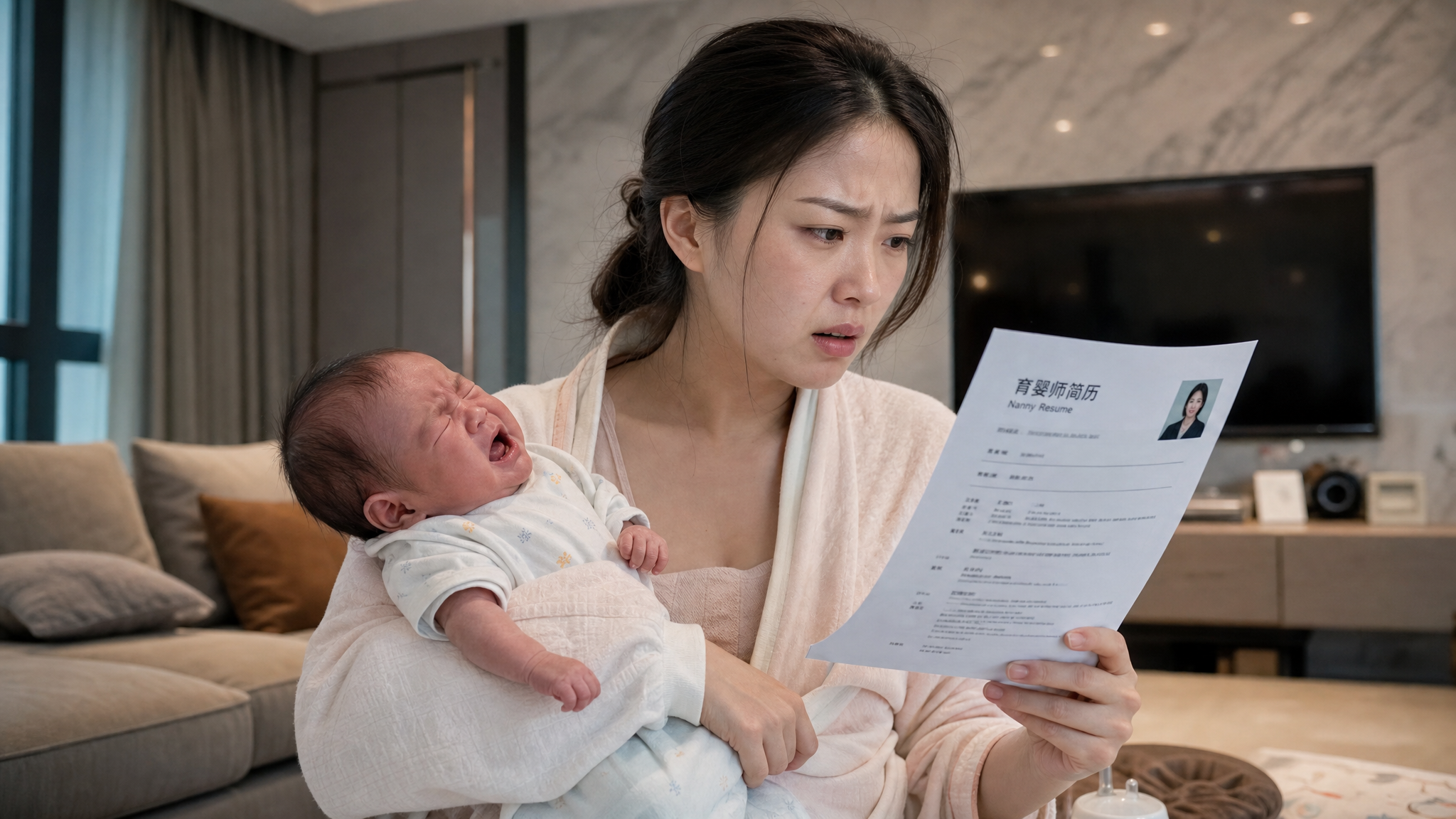A realistic photo of an exhausted Chinese young mother holding a crying newborn baby in a modern living room, looking frustrated at a printed nanny resume in her hand. Cinematic lighting, soft shadows, highly detailed, 8k resolution, photorealistic style.