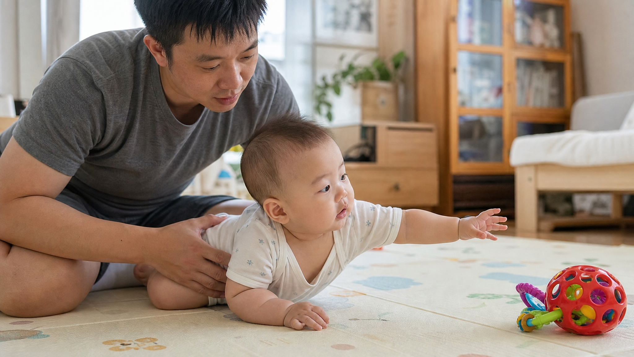 A Chinese father guiding a 7-month-old Chinese baby on a safe soft floor mat, the baby is reaching out sideways to grab a colorful toy, demonstrating lateral protective extension, cozy home environment, soft natural lighting, realistic photography, high quality --ar 3:4 --v 6.0