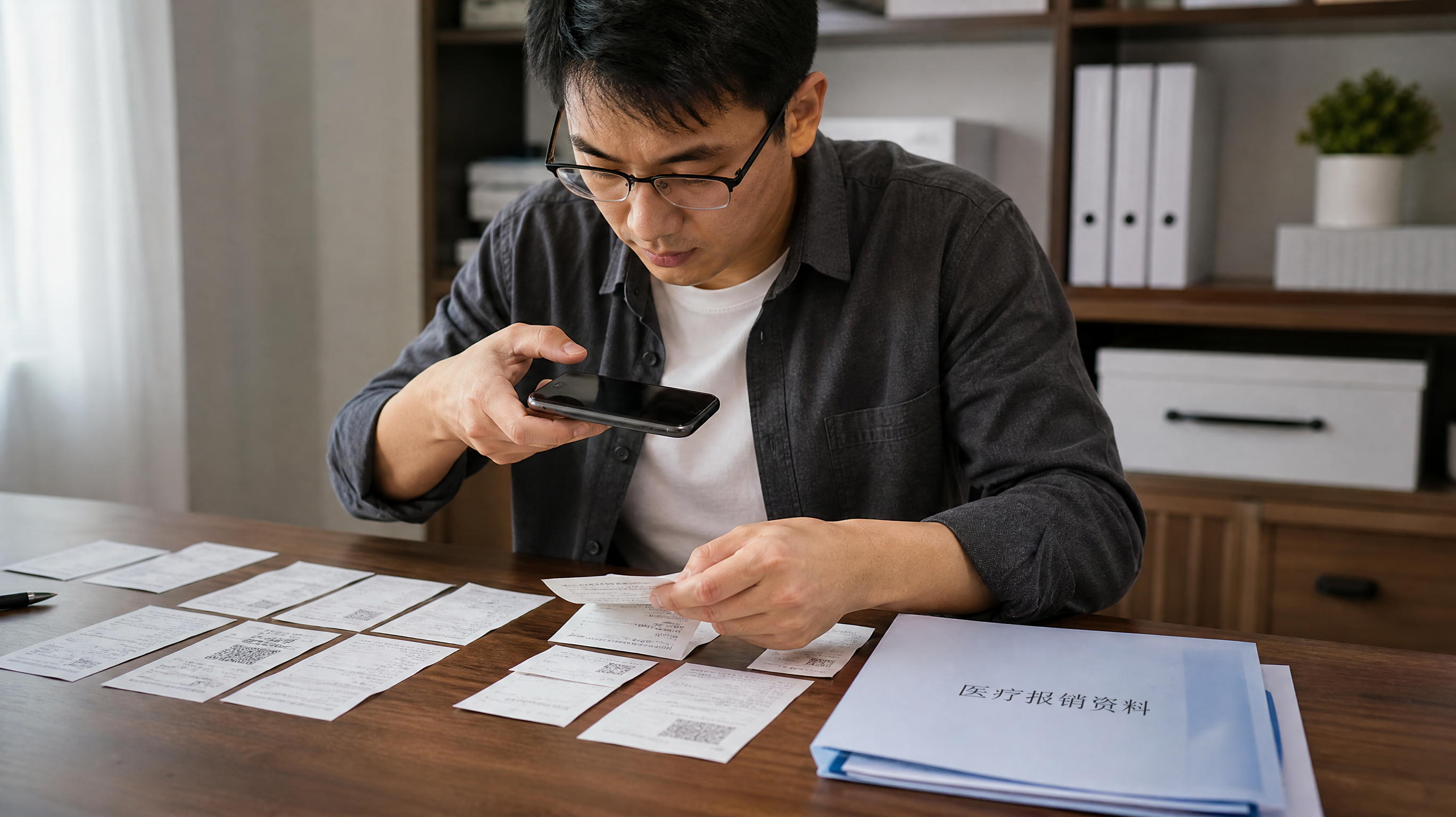 A young Chinese father carefully organizing medical receipts and taking photos of them with his smartphone on a wooden desk. A folder with documents is nearby. Bright and clean environment, focused lighting, professional photography, realistic, highly detailed, 8k.