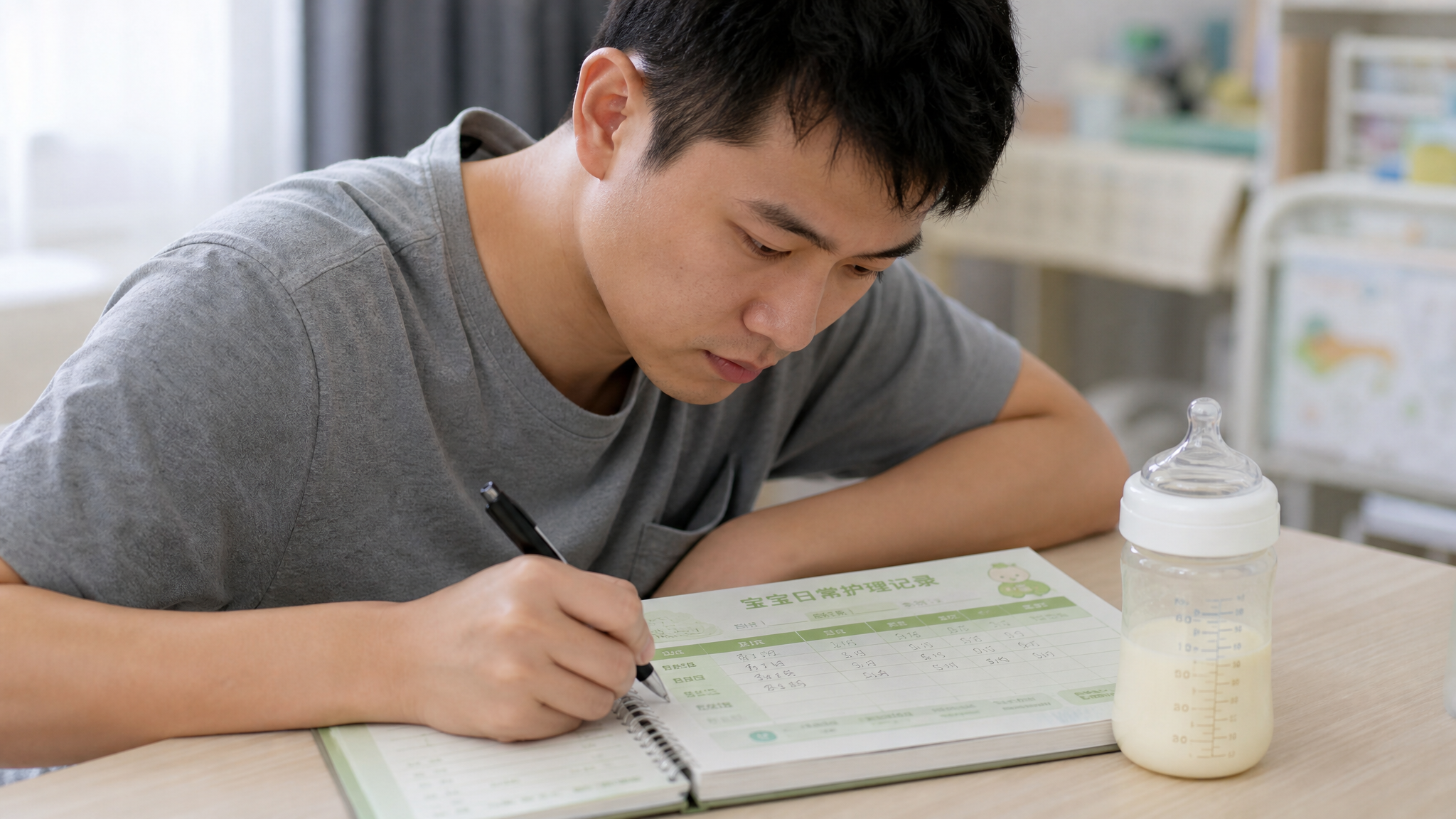 A close-up shot of a young Chinese father carefully writing down data on a baby care tracking chart with a pen. The chart is in a Morandi green style. Next to the notebook is a baby bottle. Soft, bright indoor lighting, highly detailed, depth of field, lifestyle photography.