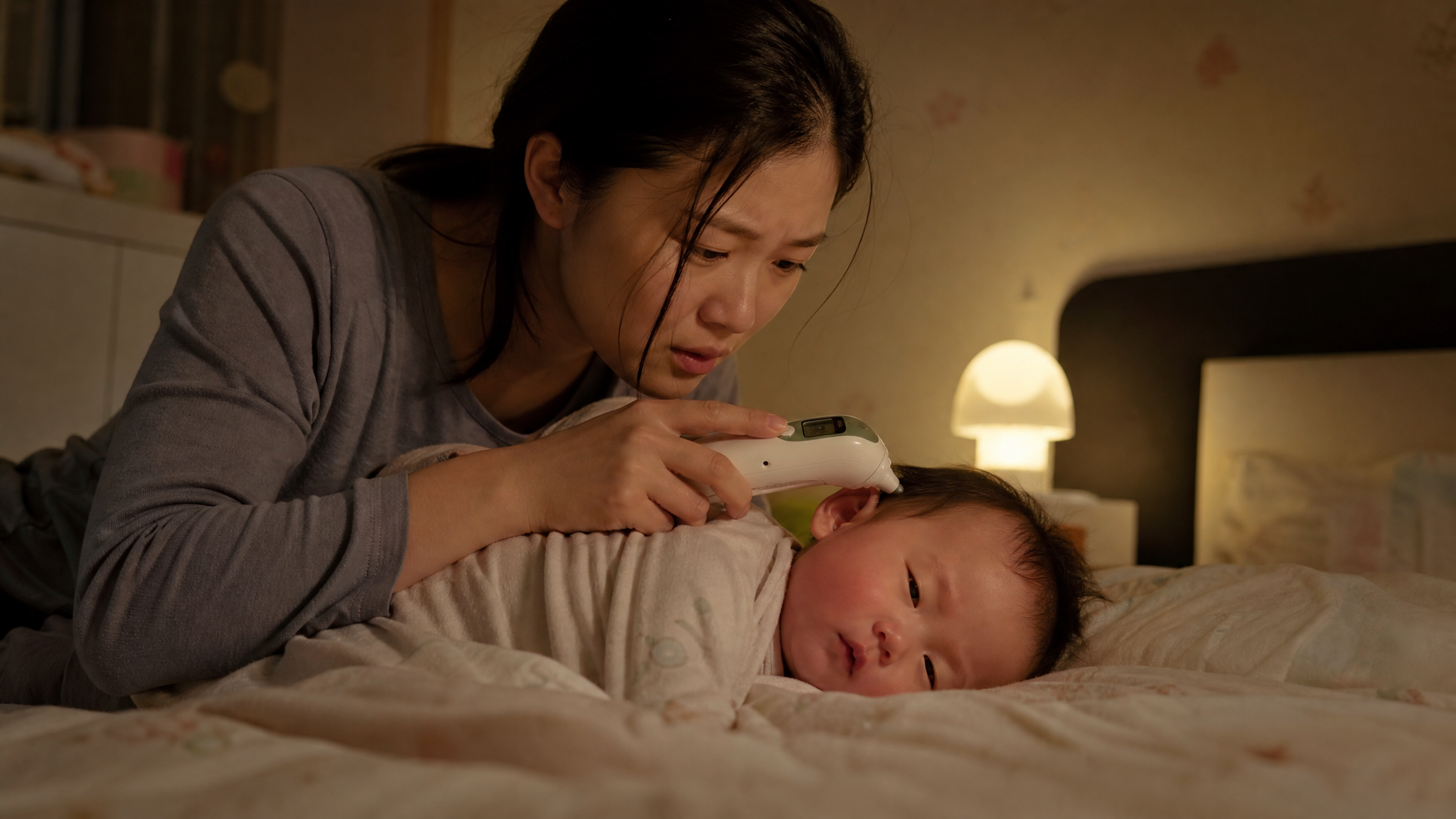 A realistic photography of an anxious young Chinese mother checking her baby's temperature with an ear thermometer in a dimly lit bedroom at night. The baby's face is slightly flushed, resting on the bed. Soft warm nightlight, cinematic lighting, high resolution, 8k, photorealistic.