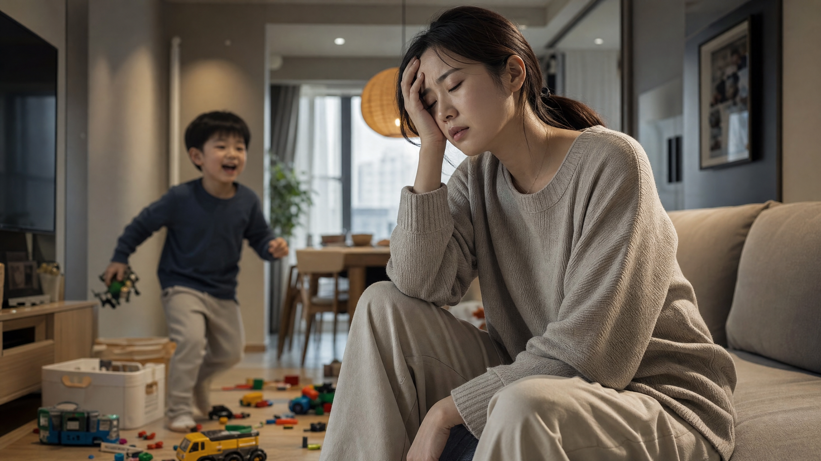 A hyper-realistic photography of a modern Chinese family living room. A young Chinese mother looks exhausted and frustrated, holding her forehead with one hand. In the background, a cute 4-year-old Chinese boy is running around playfully with toys scattered on the floor. Cinematic lighting, soft shadows, highly detailed, shot on 35mm lens, 8k resolution. --ar 3:4