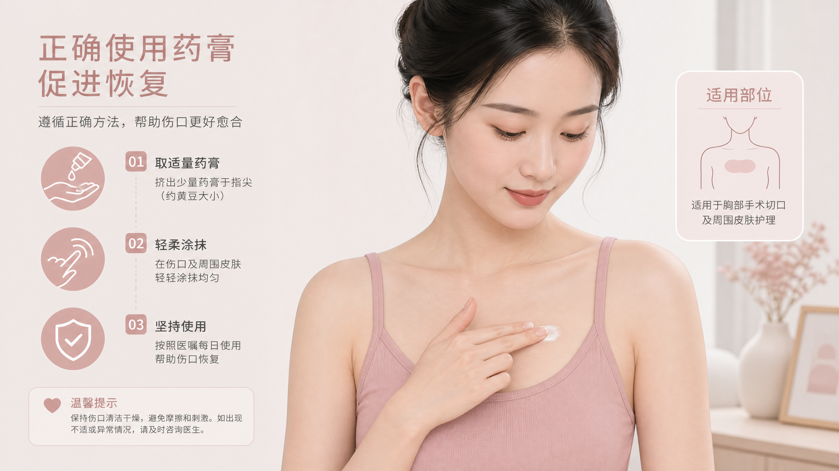 A clean, aesthetic medical illustration style image showing a young Chinese woman gently applying a small amount of ointment to her chest area. Soft Morandi pink and light grey color palette. Minimalist, professional, warm and reassuring mood. High quality, clear lighting, educational style. --ar 16:9