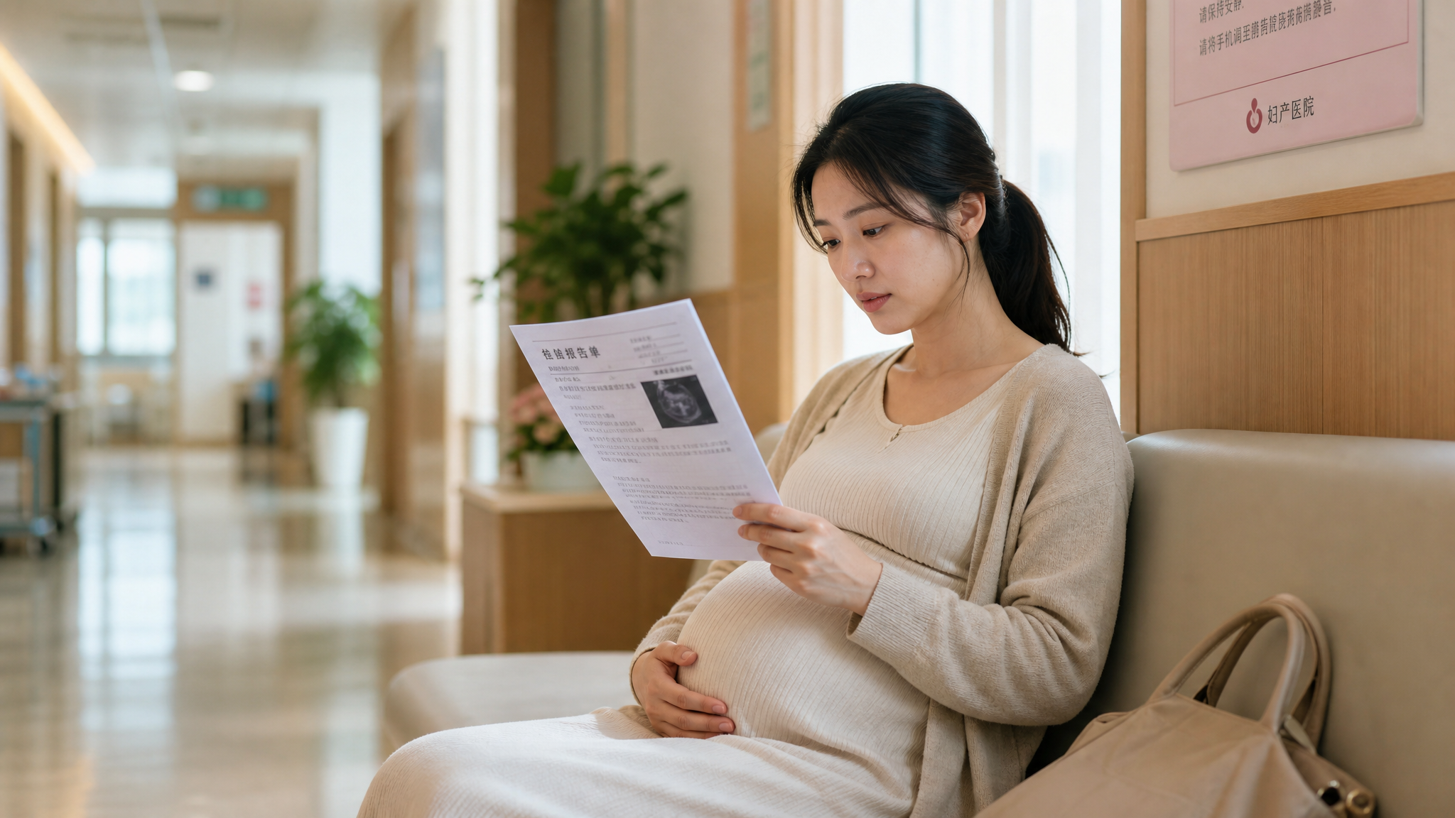 A young Chinese pregnant woman sitting in a bright hospital corridor, looking at a medical report in her hand. She looks slightly worried but hopeful. Soft natural light, warm tones, comforting atmosphere, cinematic lighting, ultra-detailed, 8k resolution, shot on 35mm lens. --ar 3:4
