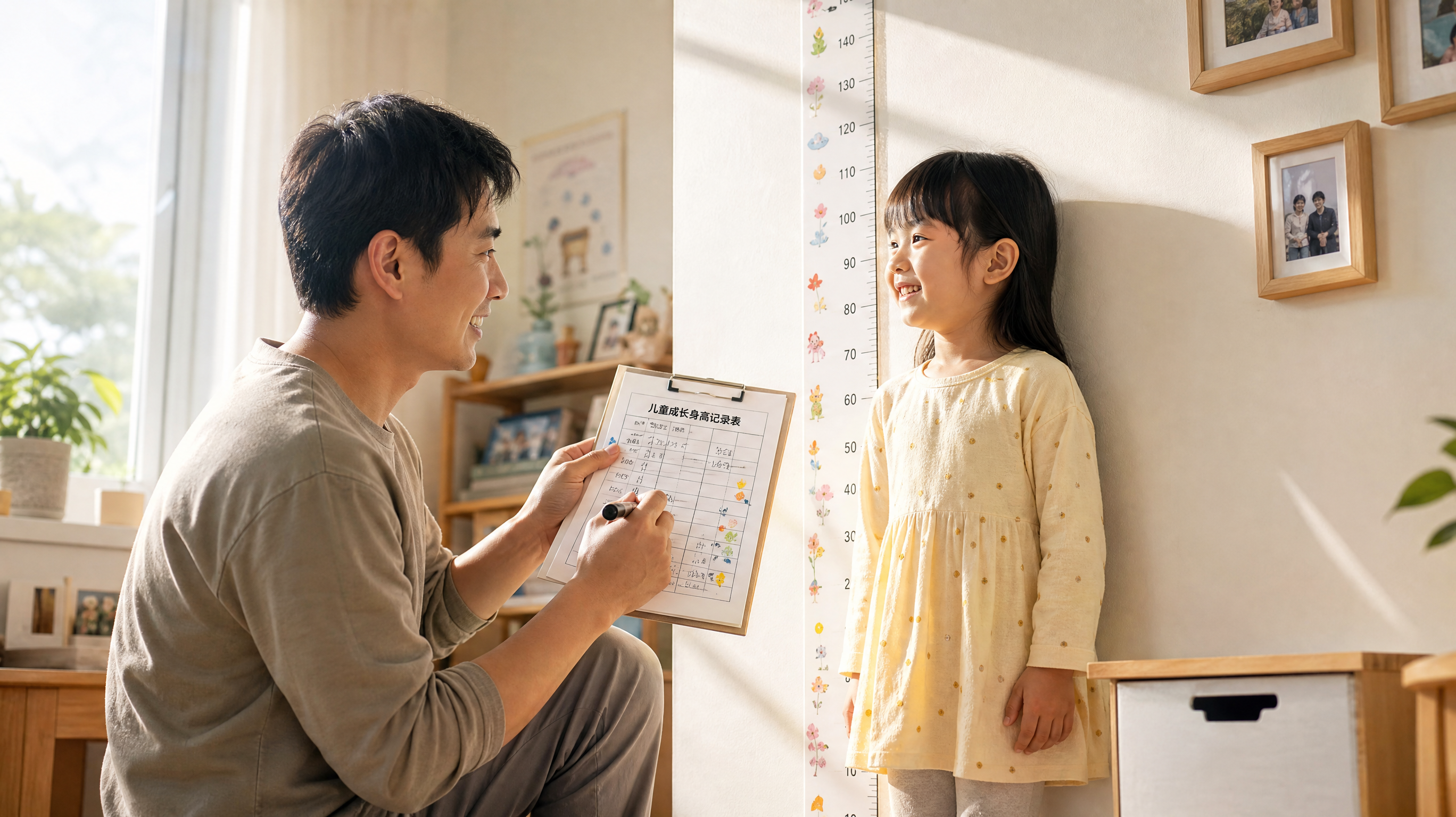 A warm and bright lifestyle photo of a young Chinese father smiling and marking a printed child growth chart on a clipboard, a cute 5-year-old Chinese kid standing next to a height measuring tape on the wall. Cozy home environment, sunny daylight coming from the window, soft pastel colors, high quality, 8k, photorealistic.