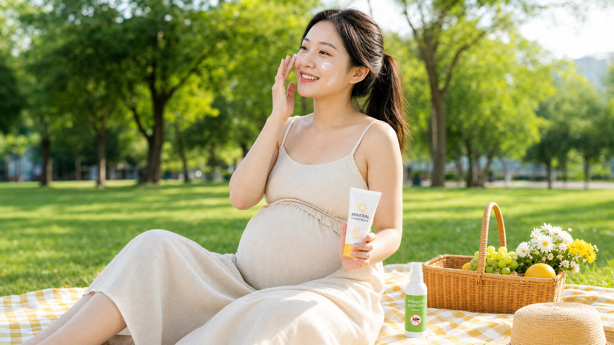 A cheerful Chinese pregnant woman sitting on a picnic mat in a sunny green park, gently applying skincare products. Beside her on the mat are a tube of mineral sunscreen and a bottle of mosquito repellent spray. Warm summer sunlight, vibrant green grass, happy and relaxed atmosphere, high quality, commercial photography style.