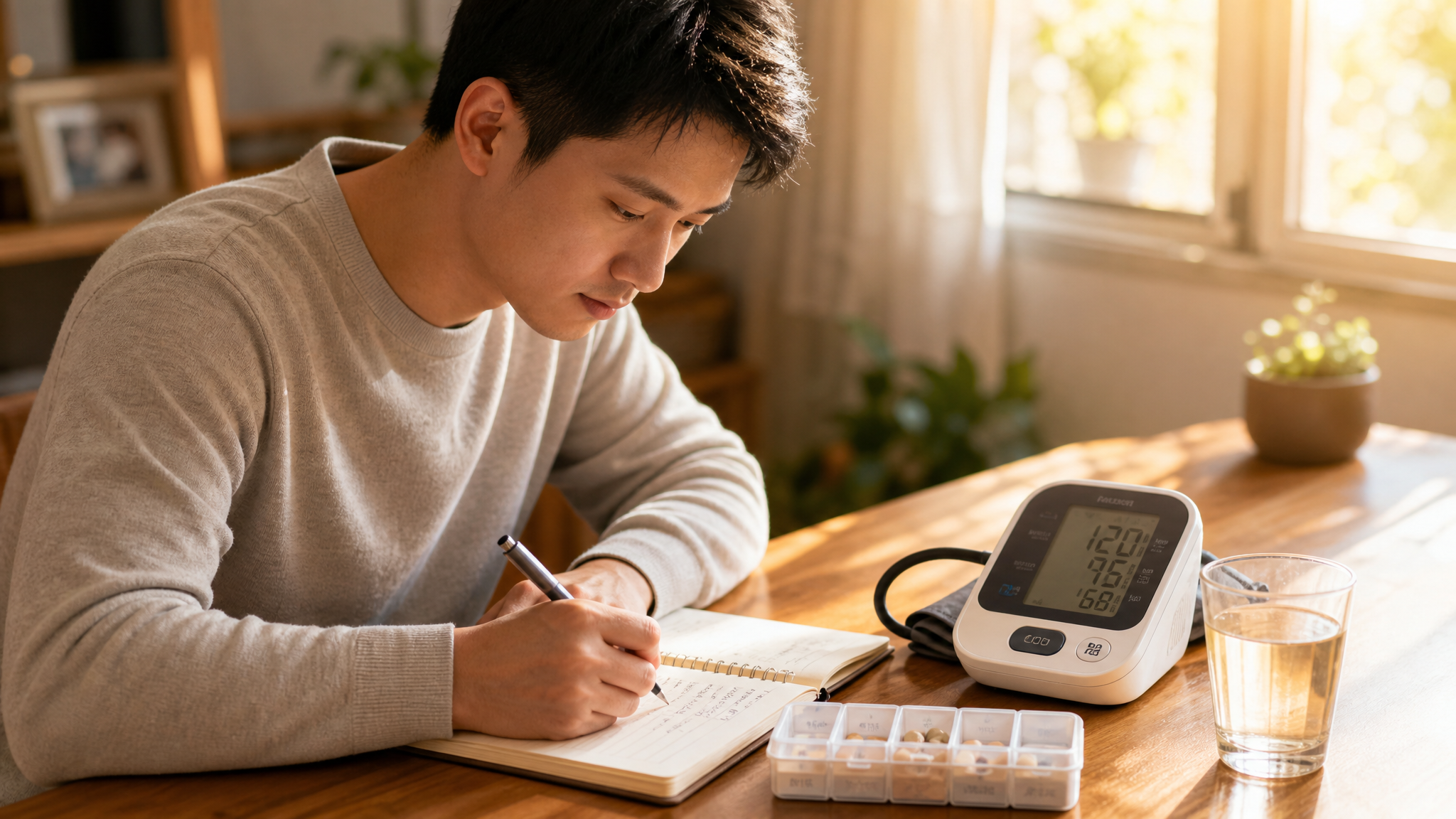 A close-up shot of a caring young Chinese husband sitting at a wooden dining table, carefully writing down blood pressure numbers in a notebook. There is a digital blood pressure monitor, a small pillbox, and a glass of warm water on the table. Warm sunlight streaming through the window, creating a hopeful and caring atmosphere. Depth of field, realistic, high quality, Midjourney style. --ar 16:9 --v 6.0