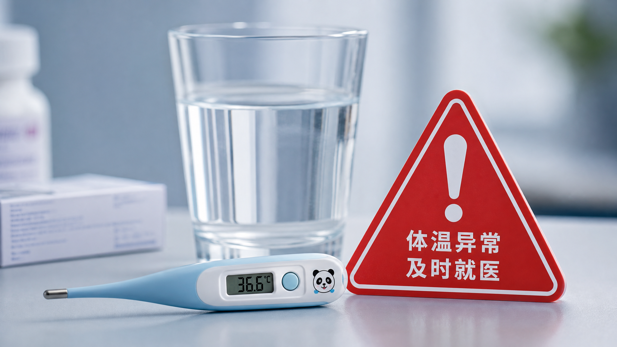 A medical science popularization style still life close-up. On the table is a children's thermometer, a glass of water, and a prominent red warning sign icon. Clean and tidy background, cool tones, macro photography, high definition, 8k resolution. --ar 3:4