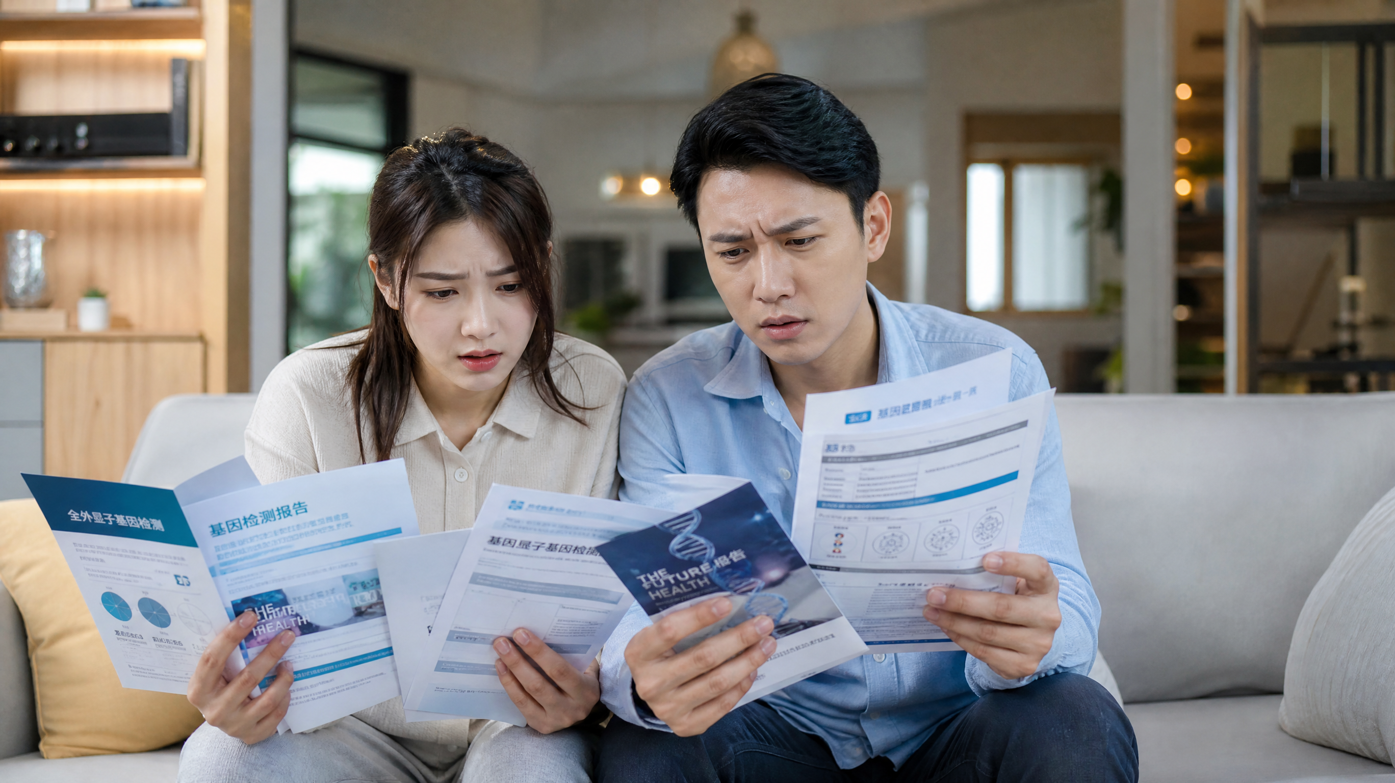 A young Chinese couple sitting on a sofa in a modern cozy living room, looking stressed and confused while holding a pile of medical brochures and gene testing reports. Soft warm indoor lighting, realistic photography style, high resolution, 8k, photorealistic.