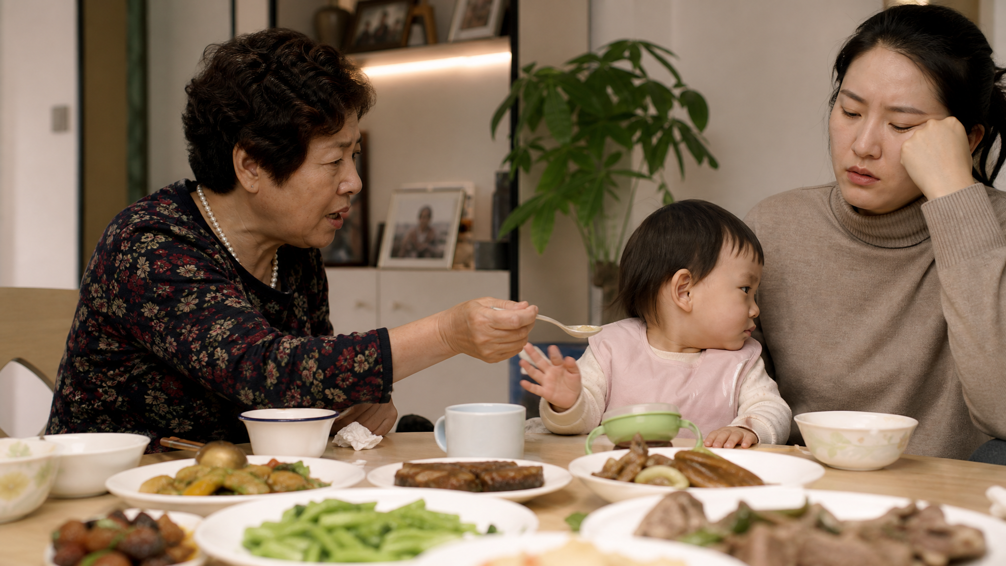 A realistic photography of a modern Chinese family dining table. An elderly Chinese grandmother is anxiously trying to feed food with a spoon to a toddler who is turning away. A young Chinese mother sits next to them, looking frustrated and sighing. Soft indoor lighting, highly detailed, cinematic lighting, 8k resolution. --ar 3:4