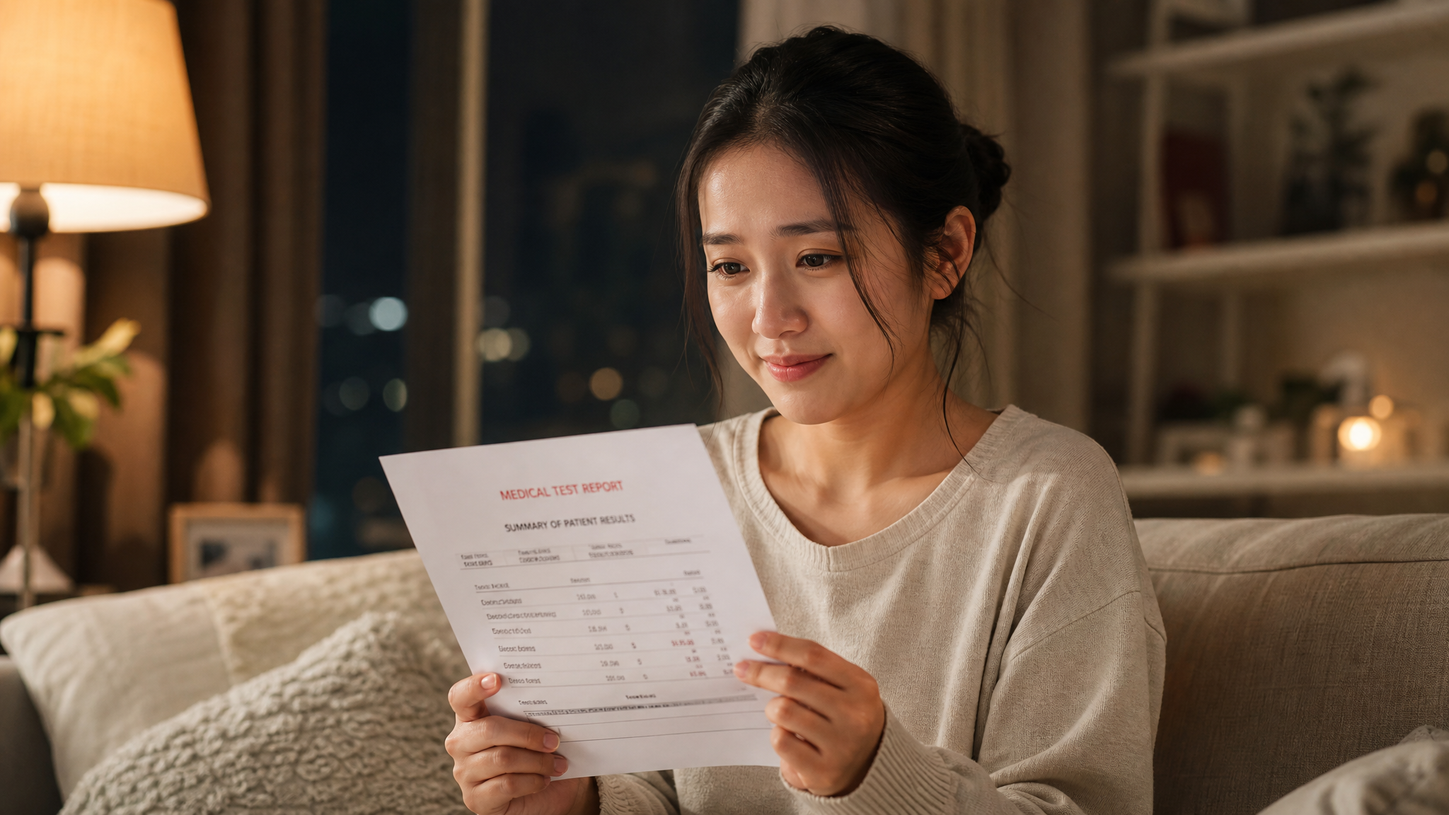 A young Chinese woman sitting on a cozy sofa at night, holding a medical report, looking slightly anxious but hopeful, warm indoor lighting, soft cinematic lighting, realistic photography, 8k resolution, photorealistic.