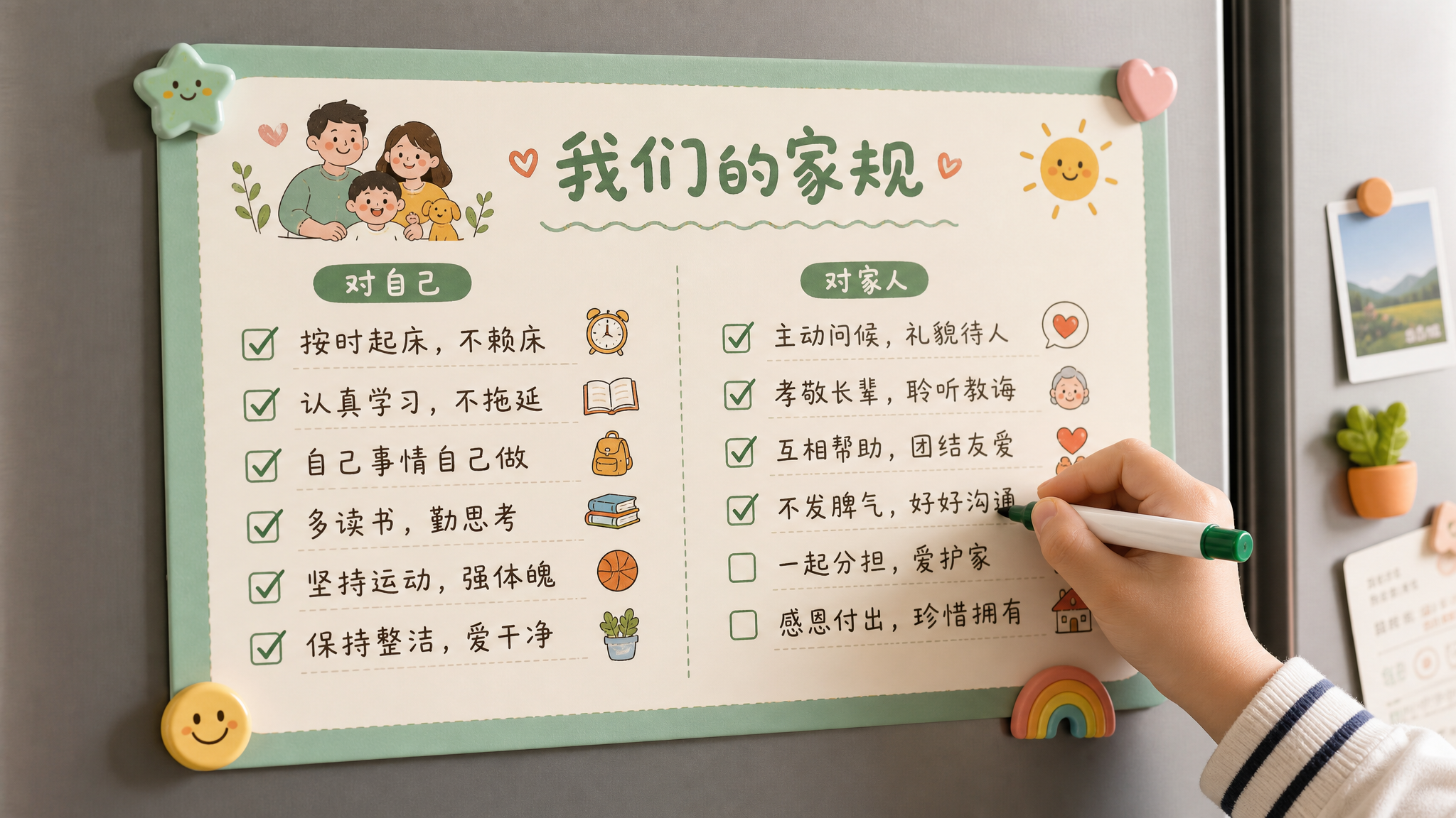 Close up of a cute, well-designed family rules poster attached to a modern refrigerator with magnets. The poster has a creamy white background with a mint green border, divided into two columns with Chinese text and clear checkboxes. A little Chinese boy's hand is holding a marker, checking a box. Bright natural light, adorable and neat aesthetic, highly detailed. --ar 3:4