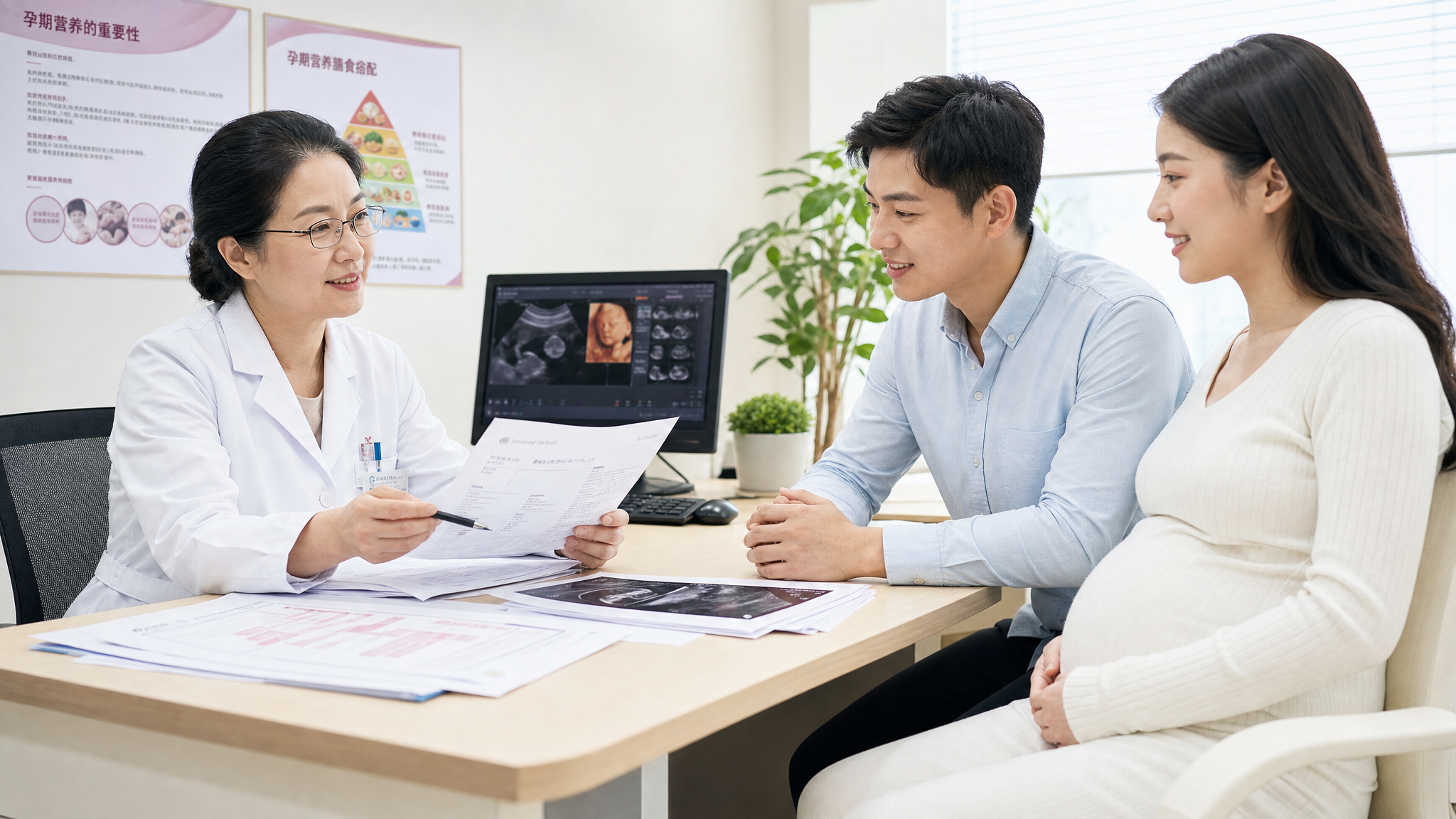 A professional and reassuring scene in a bright, modern hospital consulting room. A middle-aged Chinese female obstetrician wearing a white coat is patiently explaining a medical report to a young Chinese pregnant couple. The doctor has a gentle and trustworthy smile. The couple looks relieved and attentive. Medical charts on the desk. Bright and clean lighting, professional photography, realistic details, 8k. --ar 16:9 --v 6.0