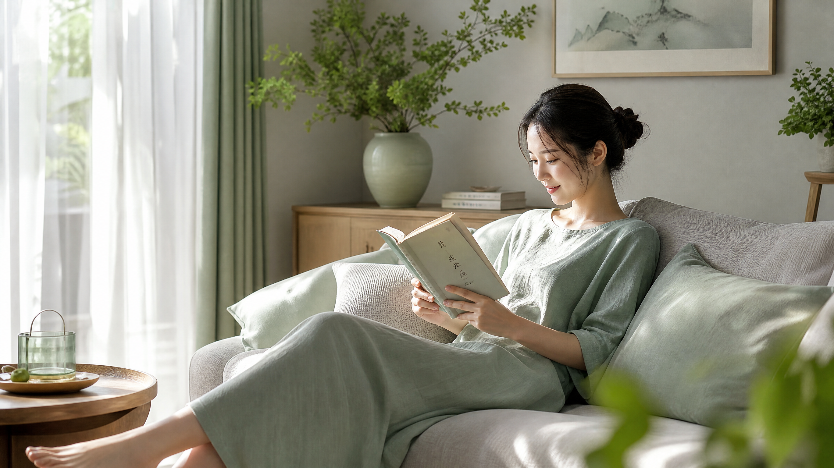 A beautiful Chinese woman relaxing in a cozy, cool living room during summer, reading a book. Mint green and warm gray color palette, soft sunlight filtering through sheer curtains, calm and healing atmosphere, highly detailed, photorealistic, 8k, Midjourney style.