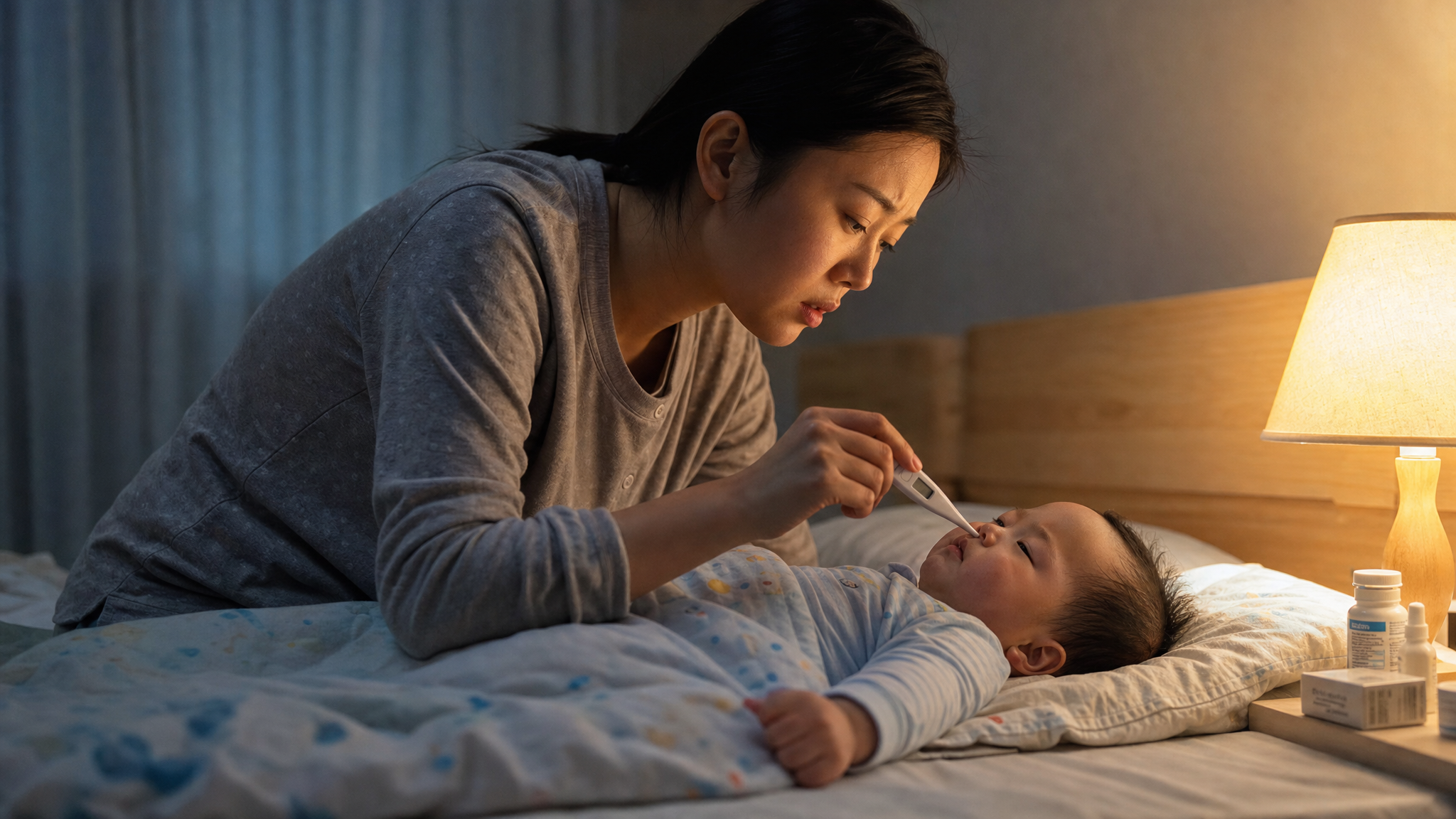 A realistic photo of an anxious young Chinese mother checking the temperature of her sick baby in bed at night, dimly lit bedroom, warm bedside lamp, hyper-detailed, cinematic lighting, 8k resolution --ar 3:4