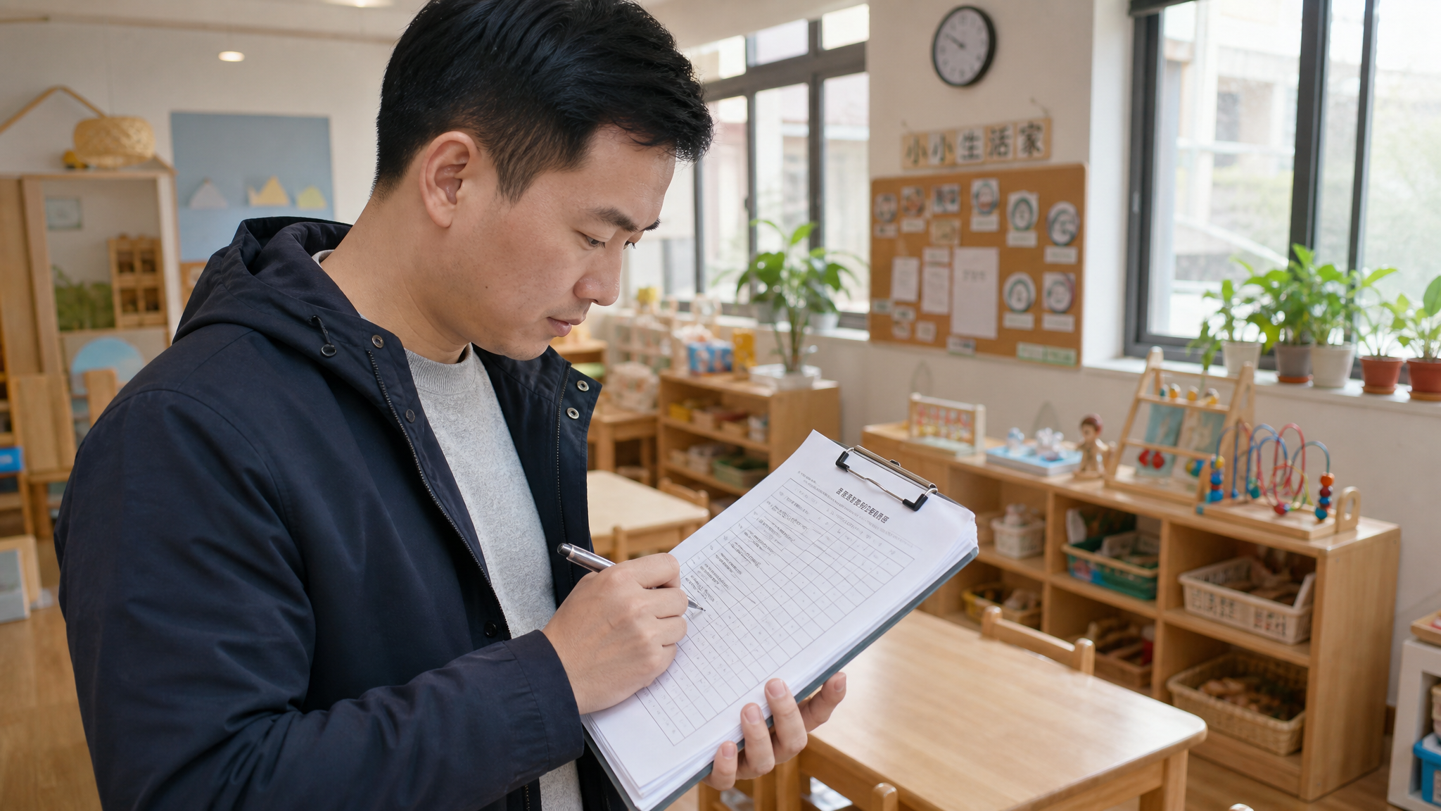 A close-up shot of a young Chinese father carefully filling out a detailed evaluation checklist on a clipboard. He is standing in a cozy, well-organized kindergarten environment with wooden furniture. Warm natural light streaming from the window, focused expression, professional and rational vibe, realistic, highly detailed, 4k.