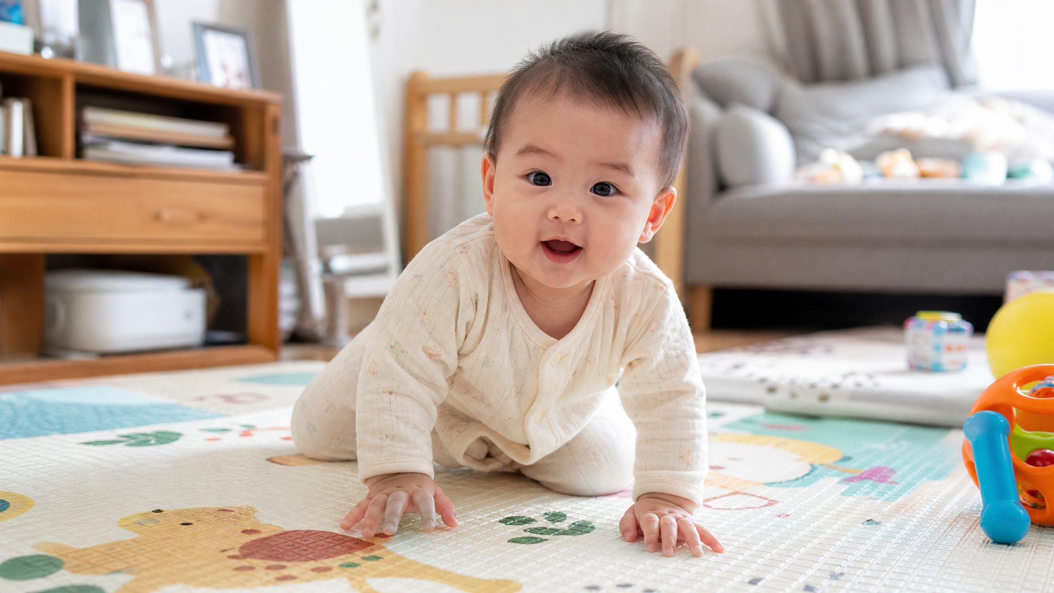 A cute 7-month-old Chinese baby sitting on a soft play mat in a cozy living room, hands leaning forward on the mat forming a tripod shape, bright and warm natural lighting, realistic photography, highly detailed, 8k resolution --ar 3:4 --v 6.0