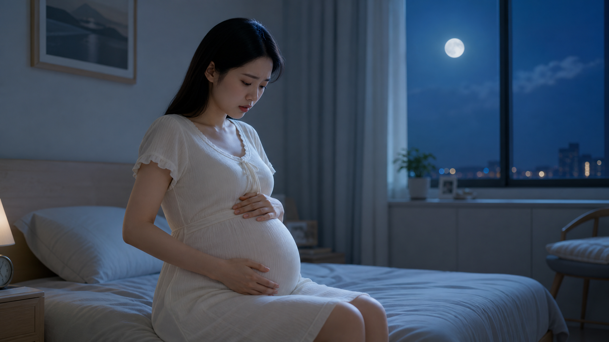 A beautiful Chinese pregnant woman sitting on the edge of a bed in a softly lit bedroom during a summer night, gently holding her belly with a slight expression of concern. Soft moonlight, cinematic lighting, photorealistic, 8k resolution, pastel colors.