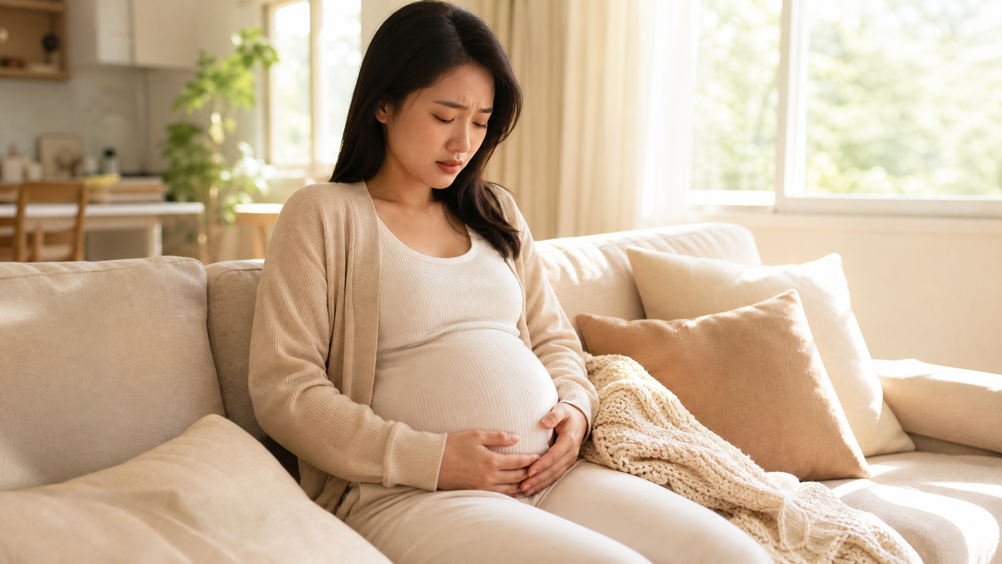 A photorealistic image of a beautiful Chinese pregnant woman sitting on a cozy sofa in a softly lit living room, gently holding her lower belly with a slightly troubled and helpless expression. Warm natural sunlight filtering through the window, soft pastel color palette, cinematic lighting, 8k resolution, highly detailed, shot on 35mm lens. --ar 3:4 --style raw --v 6.0