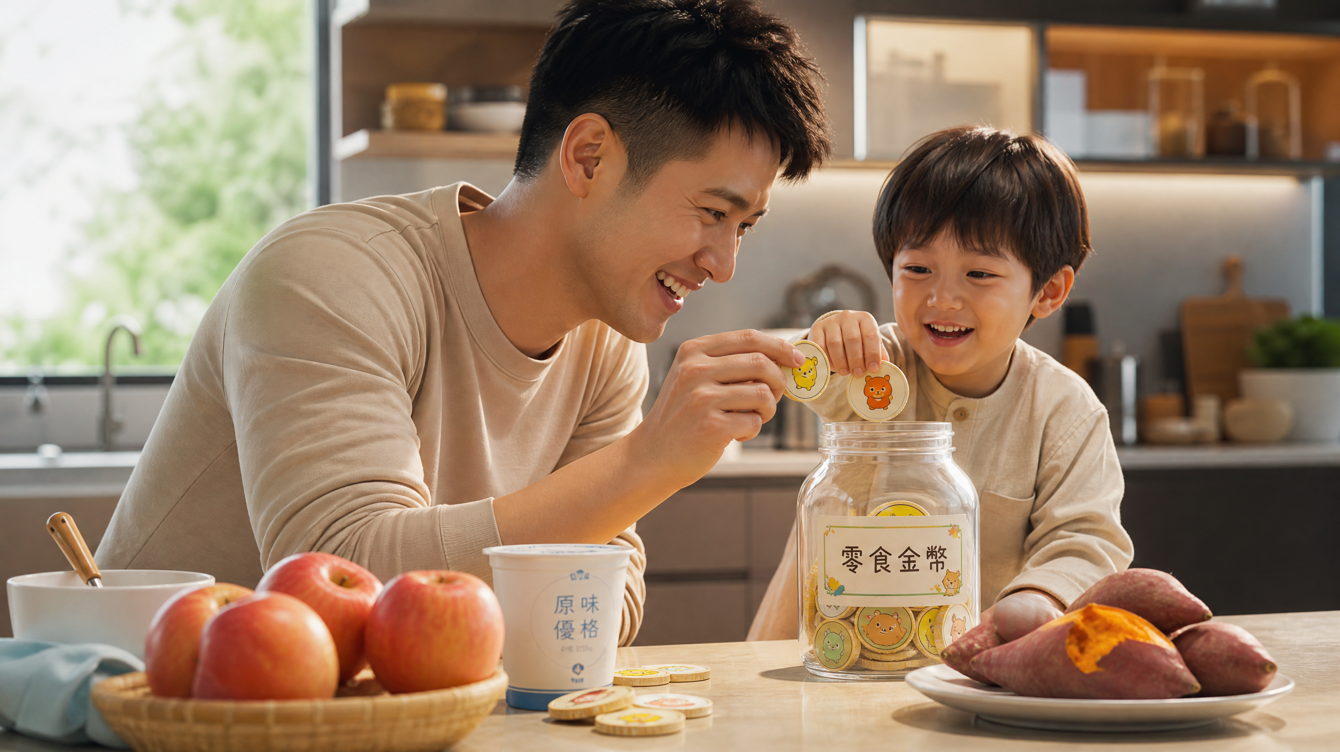 A heartwarming scene of a Chinese father and his 5-year-old child in a modern kitchen. They are happily putting cute cartoon 