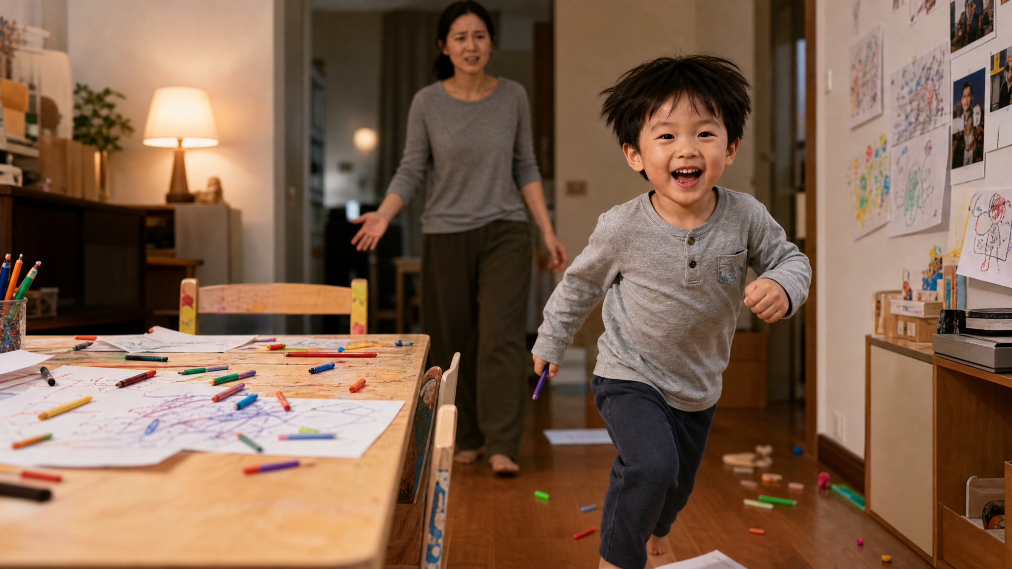 A cute 4-year-old Chinese kid running away from a messy drawing table, crayons scattered, a young Chinese mother looking slightly frustrated but gentle in the background, soft warm indoor lighting, cinematic photography, highly detailed, 8k resolution, photorealistic --ar 3:4